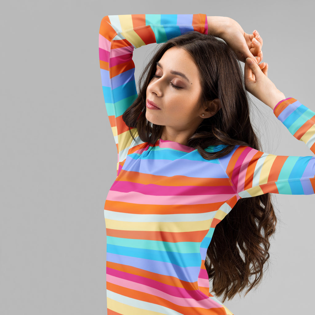 Women's Colorful Wavy Sand Stripe Long Sleeve Rash Guard Swim Shirt – Buttery Soft, Sun Safe UPF 50+ Protection, Quick Dry & 4-Way Stretch Comfort