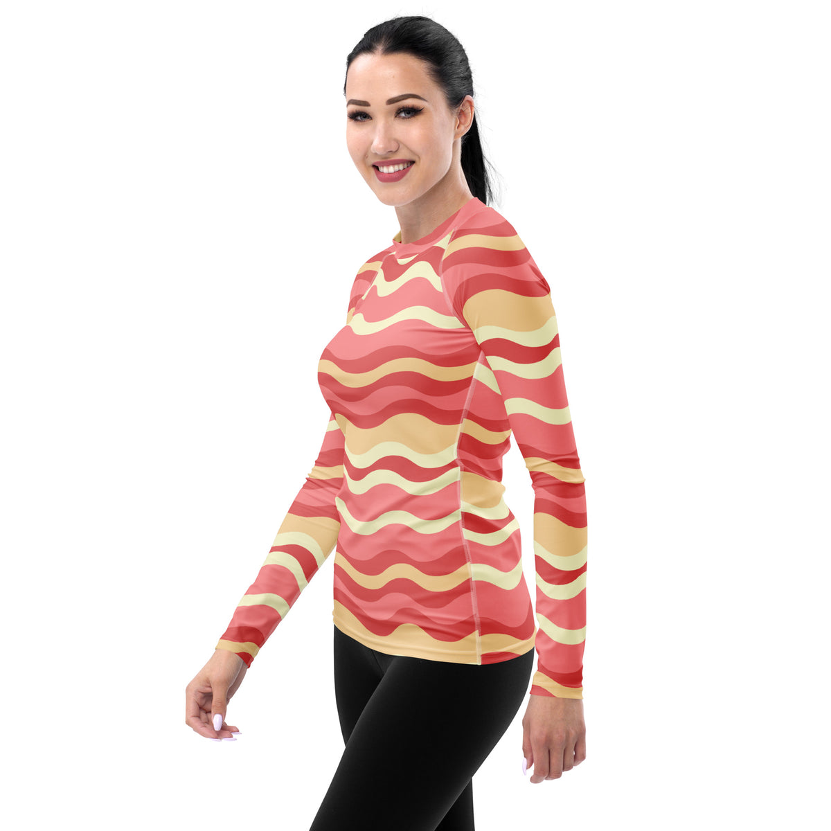 Women's Pink Wavy Stripe Long Sleeve Rash Guard Swim Shirt – Buttery Soft, Sun Safe UPF 50+ Protection, Quick Dry & 4-Way Stretch Comfort