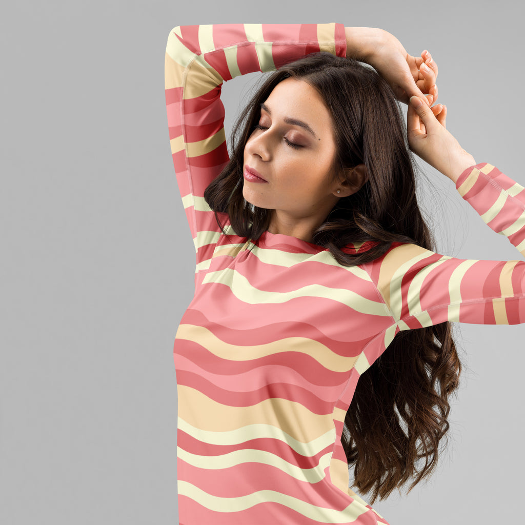 Women's Pink Wavy Stripe Long Sleeve Rash Guard Swim Shirt – Buttery Soft, Sun Safe UPF 50+ Protection, Quick Dry & 4-Way Stretch Comfort