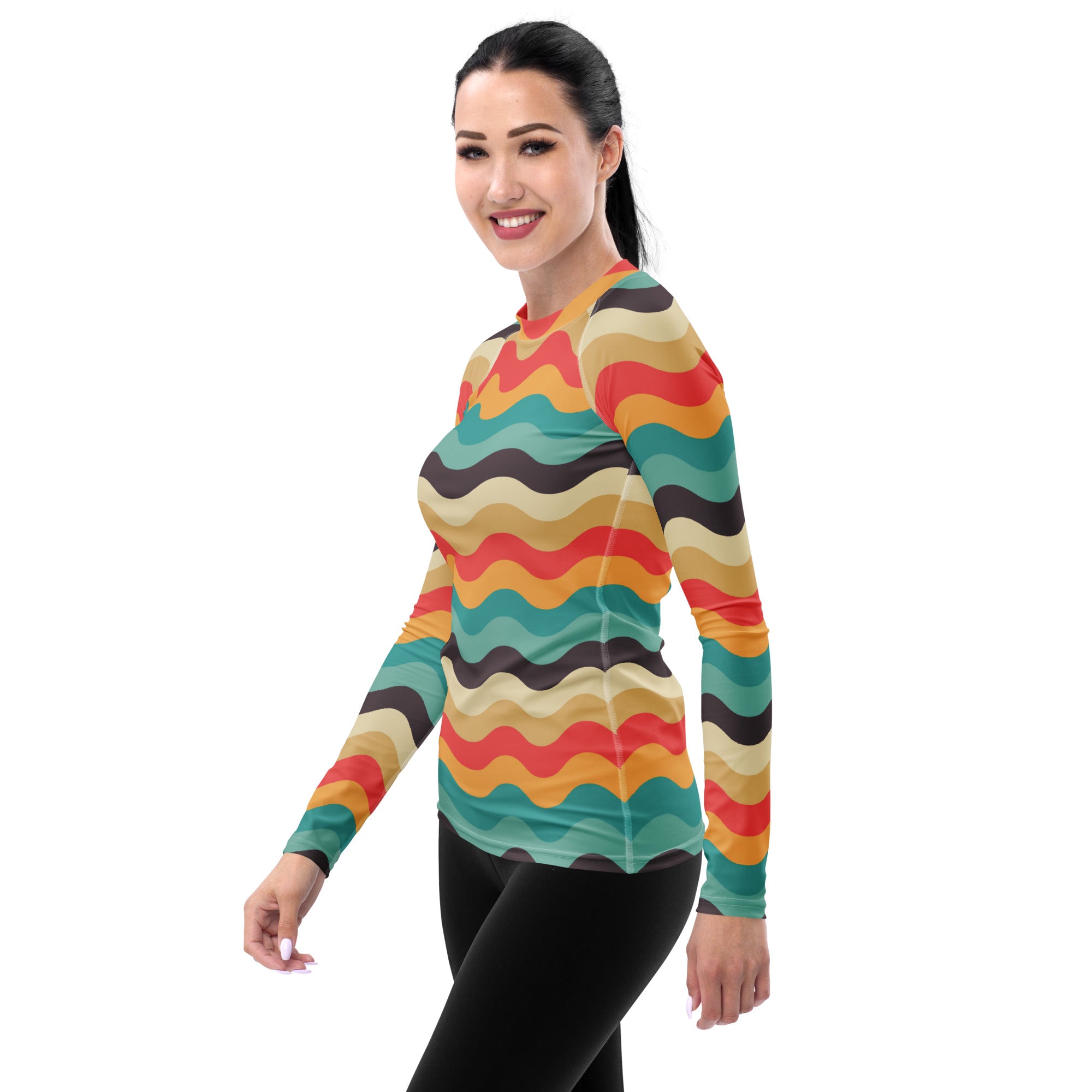 Women's Teal Coral Orange Wavy Stripe Long Sleeve Rash Guard Swim Shirt – Buttery Soft, Sun Safe UPF 50+ Protection, Quick Dry & 4-Way Stretch Comfort