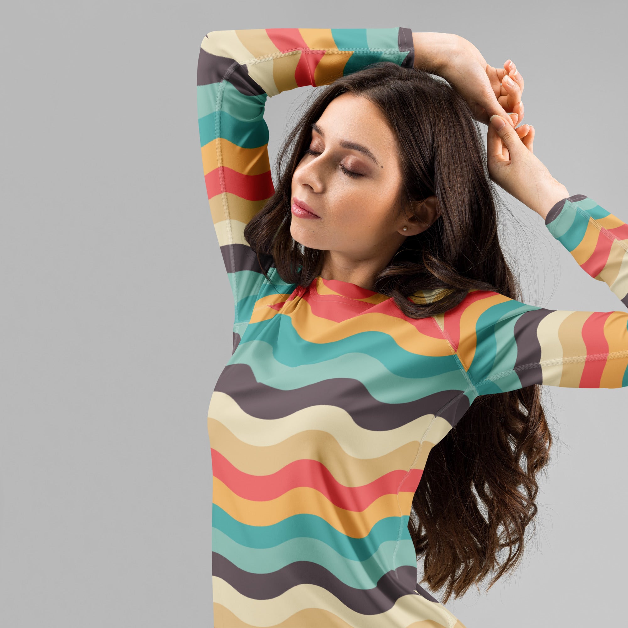 Women's Teal Coral Orange Wavy Stripe Long Sleeve Rash Guard Swim Shirt – Buttery Soft, Sun Safe UPF 50+ Protection, Quick Dry & 4-Way Stretch Comfort