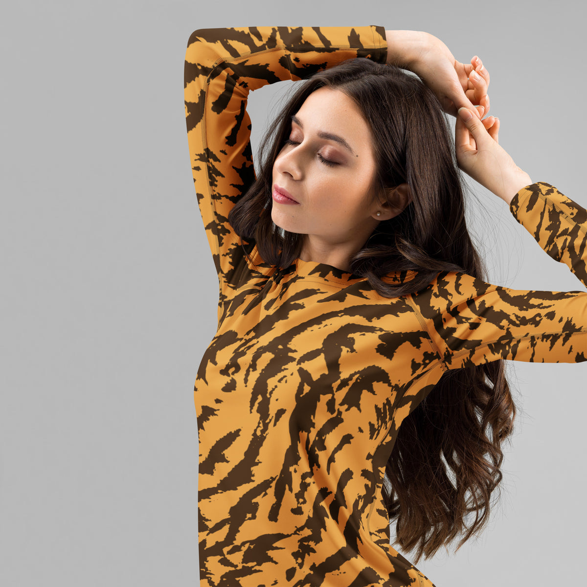 Women's Orange Tiger Print Long Sleeve Rash Guard Swim Shirt – Buttery Soft, Sun Safe UPF 50+ Protection, Quick Dry & 4-Way Stretch Comfort