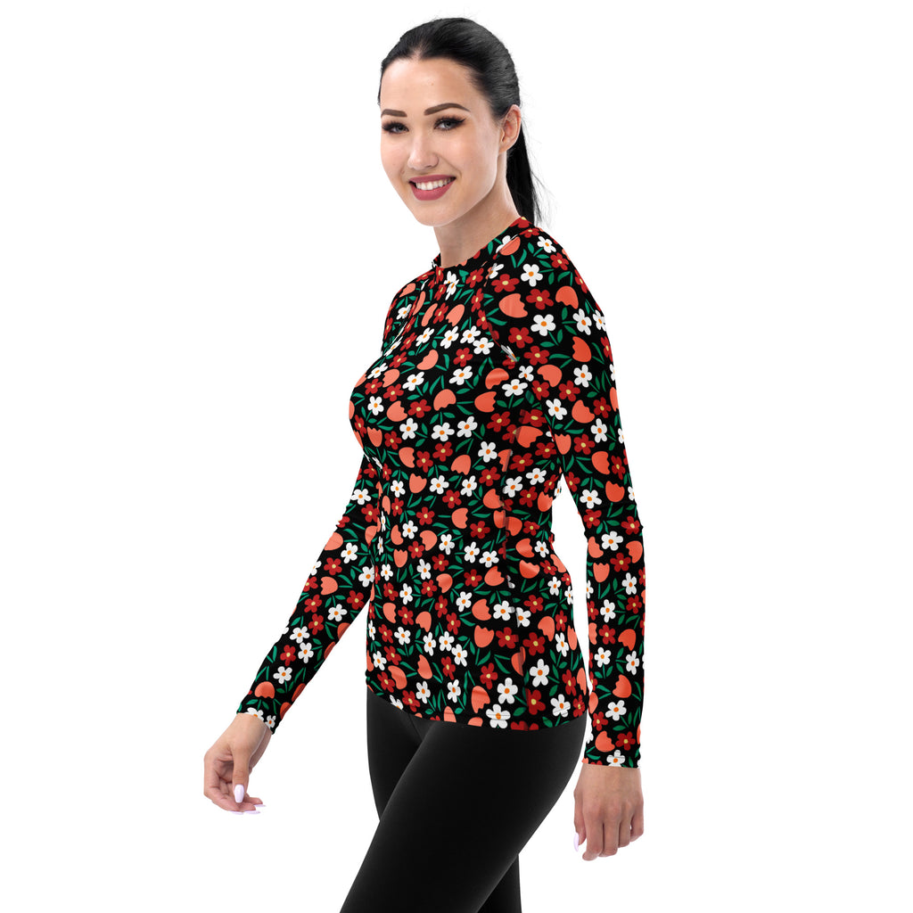 Women's Red Coral & White Flower Long Sleeve Rash Guard Swim Shirt – Buttery Soft, Sun Safe UPF 50+ Protection, Quick Dry & 4-Way Stretch Comfort