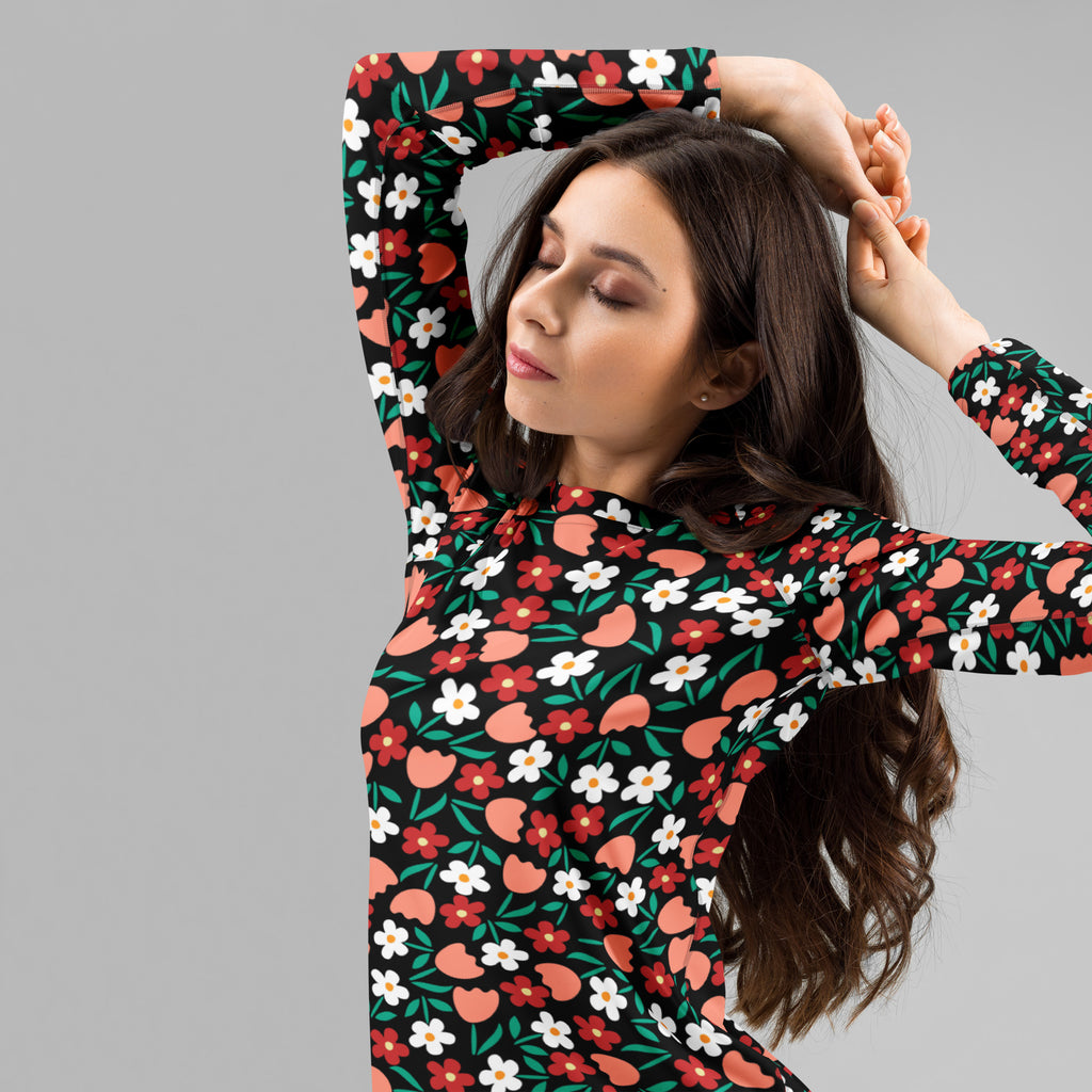 Women's Red Coral & White Flower Long Sleeve Rash Guard Swim Shirt – Buttery Soft, Sun Safe UPF 50+ Protection, Quick Dry & 4-Way Stretch Comfort