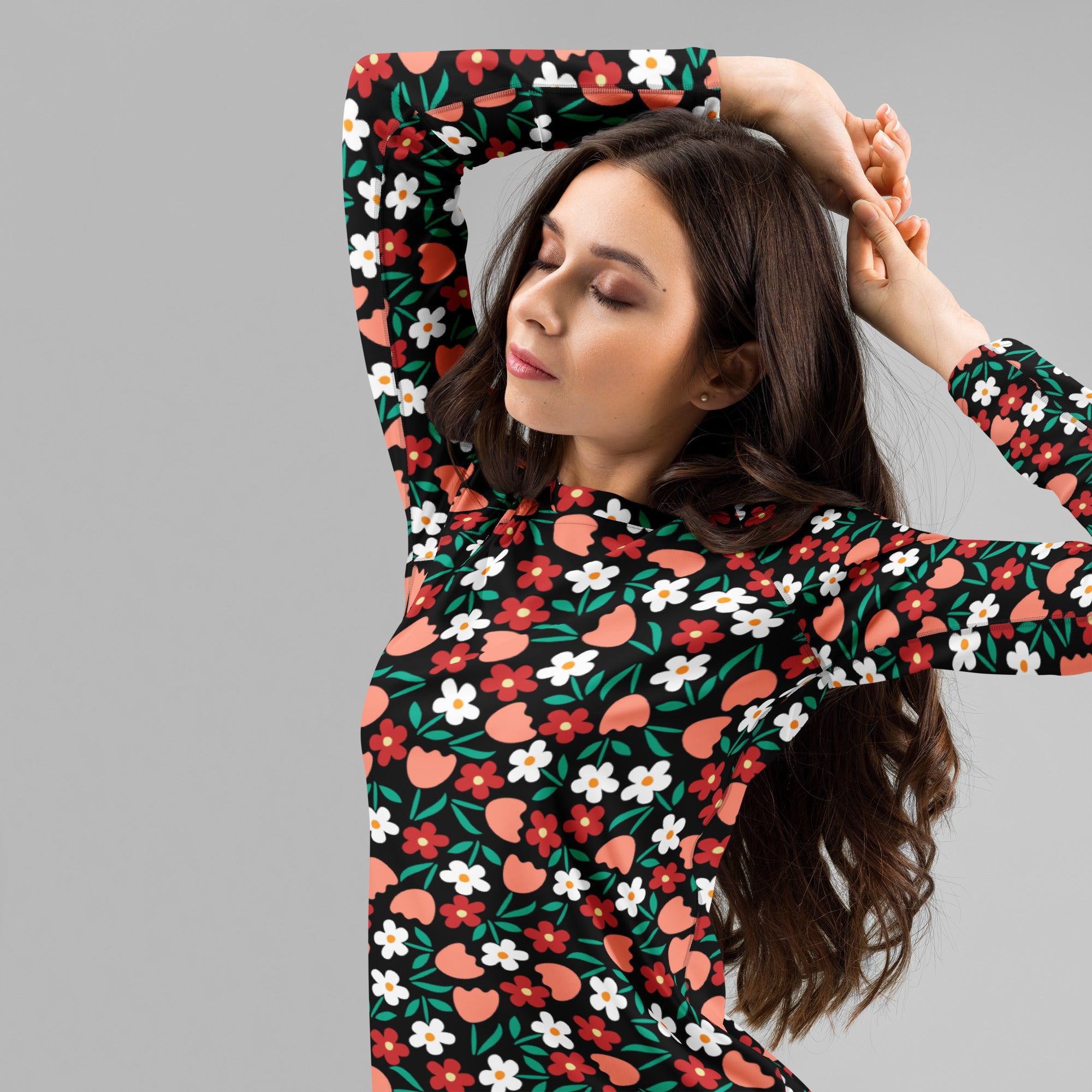 Women's Red Coral & White Flower Long Sleeve Rash Guard Swim Shirt – Buttery Soft, Sun Safe UPF 50+ Protection, Quick Dry & 4-Way Stretch Comfort