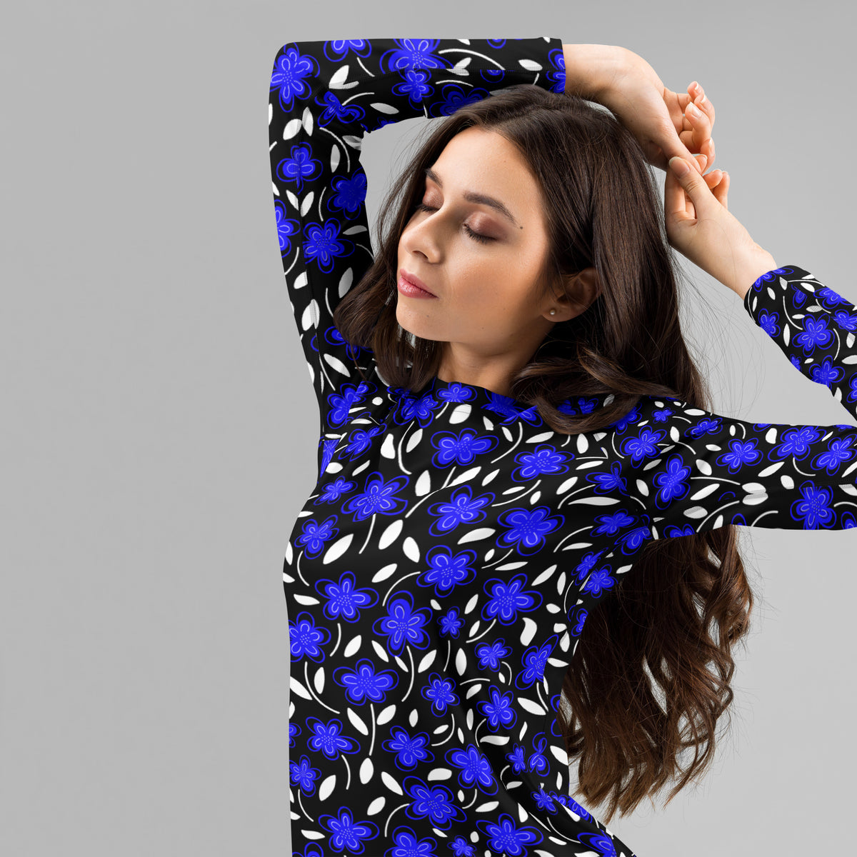 Women's Blue Floral Long Sleeve Rash Guard Swim Shirt – Buttery Soft, Sun Safe UPF 50+ Protection, Quick Dry & 4-Way Stretch Comfort