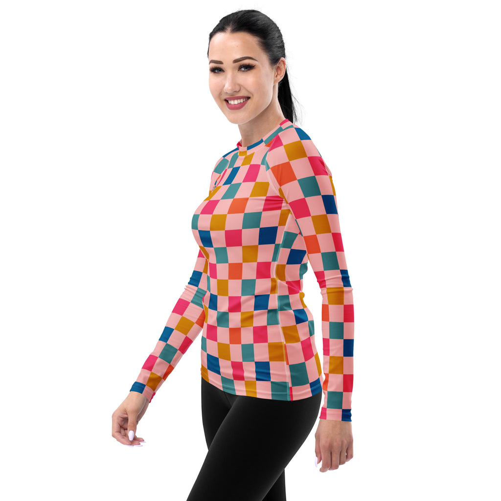 Women's Colorful Pink Checkerboard Long Sleeve Rash Guard Swim Shirt – Buttery Soft, Sun Safe UPF 50+ Protection, Quick Dry & 4-Way Stretch Comfort