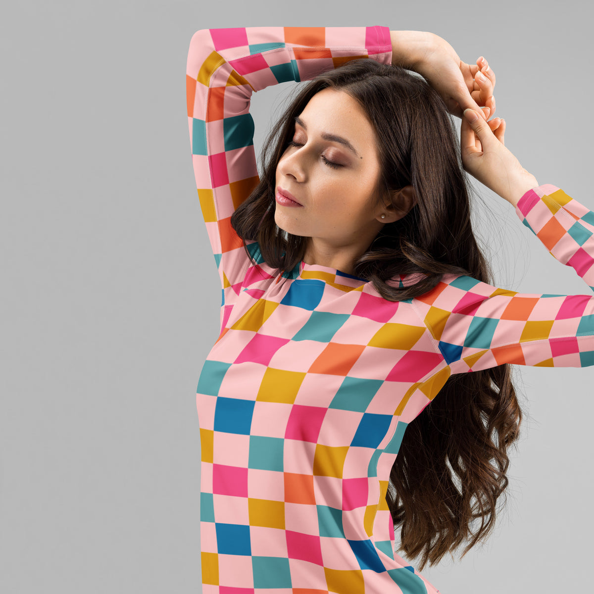 Women's Colorful Pink Checkerboard Long Sleeve Rash Guard Swim Shirt – Buttery Soft, Sun Safe UPF 50+ Protection, Quick Dry & 4-Way Stretch Comfort