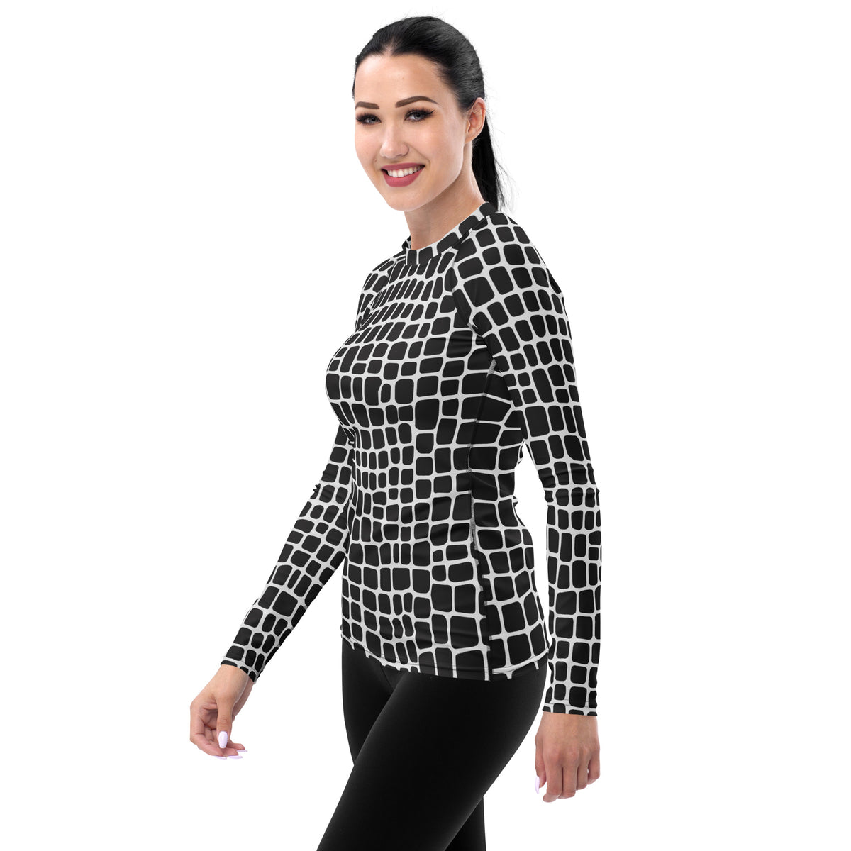 Women's Black & White Animal Print Long Sleeve Rash Guard Swim Shirt – Buttery Soft, Sun Safe UPF 50+ Protection, Quick Dry & 4-Way Stretch Comfort