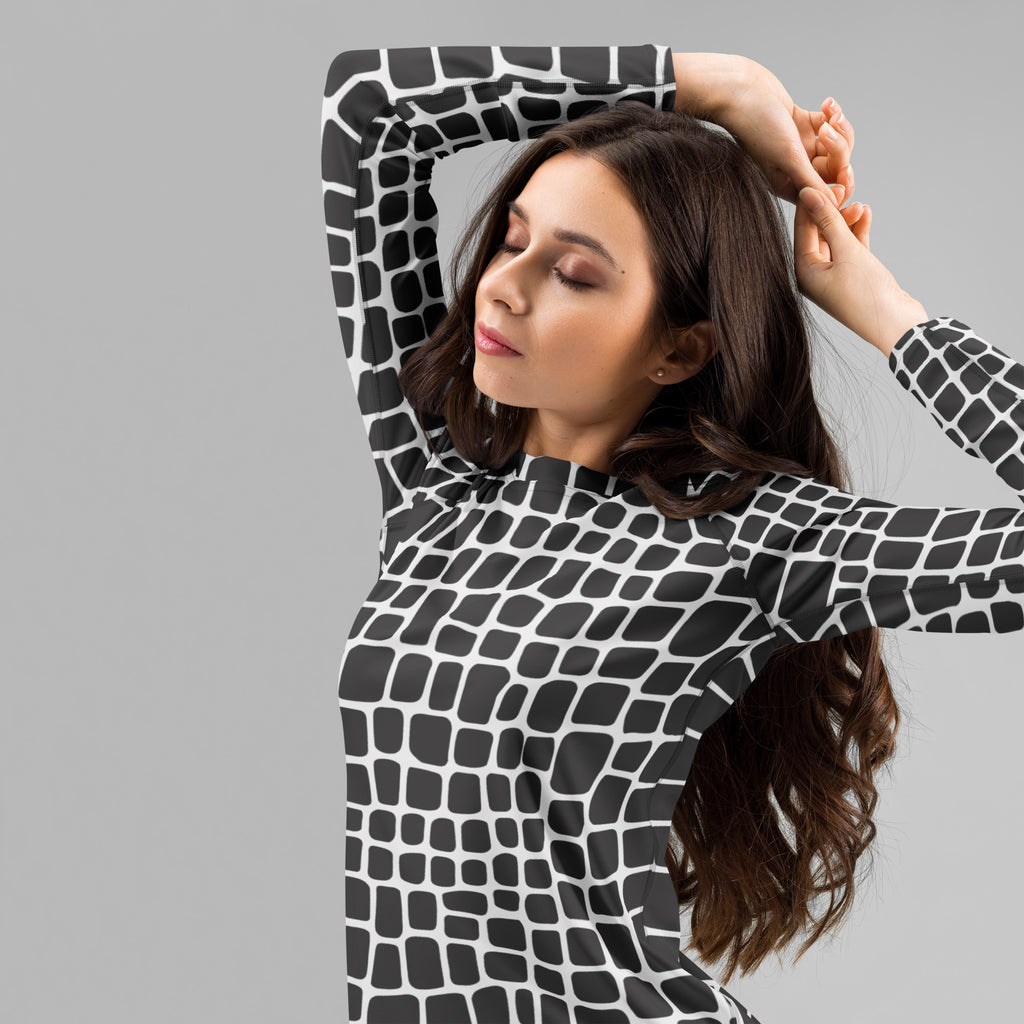 Women's Black & White Animal Print Long Sleeve Rash Guard Swim Shirt – Buttery Soft, Sun Safe UPF 50+ Protection, Quick Dry & 4-Way Stretch Comfort