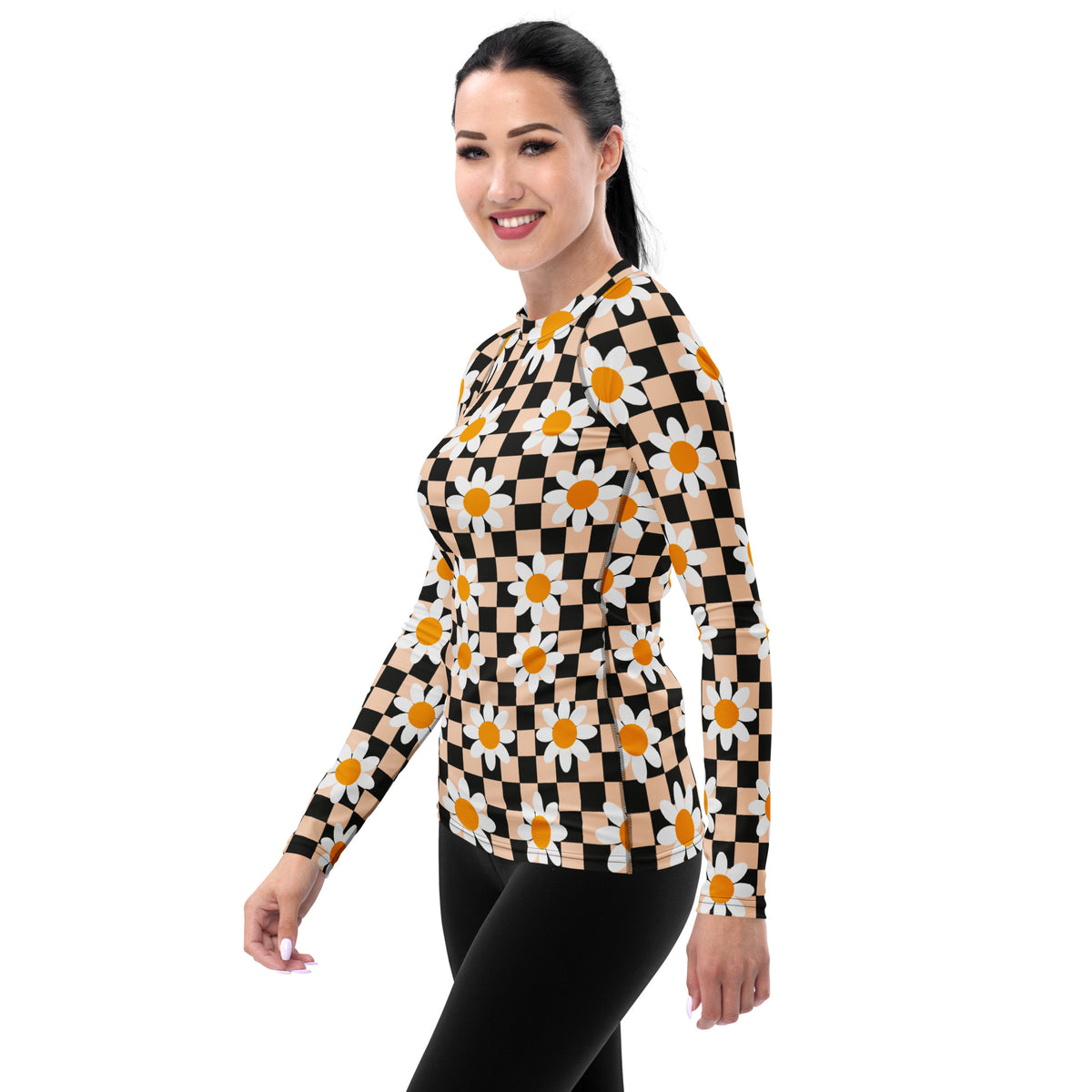 Women's Daisy Checkerboard Long Sleeve Rash Guard Swim Shirt – Buttery Soft, Sun Safe UPF 50+ Protection, Quick Dry & 4-Way Stretch Comfort