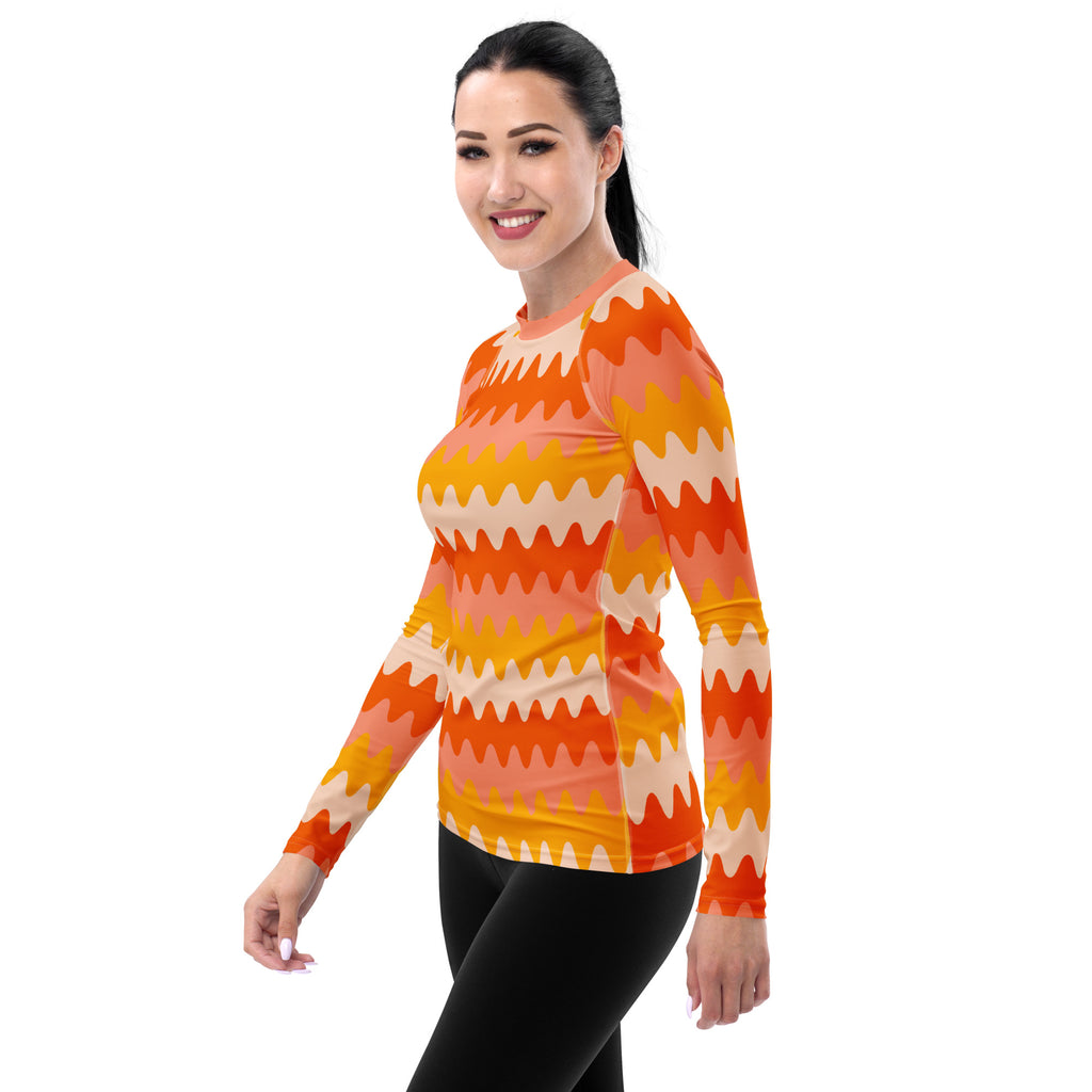 Women's Orange Retro Wavy Stripe Long Sleeve Rash Guard Swim Shirt – Buttery Soft, Sun Safe UPF 50+ Protection, Quick Dry & 4-Way Stretch Comfort