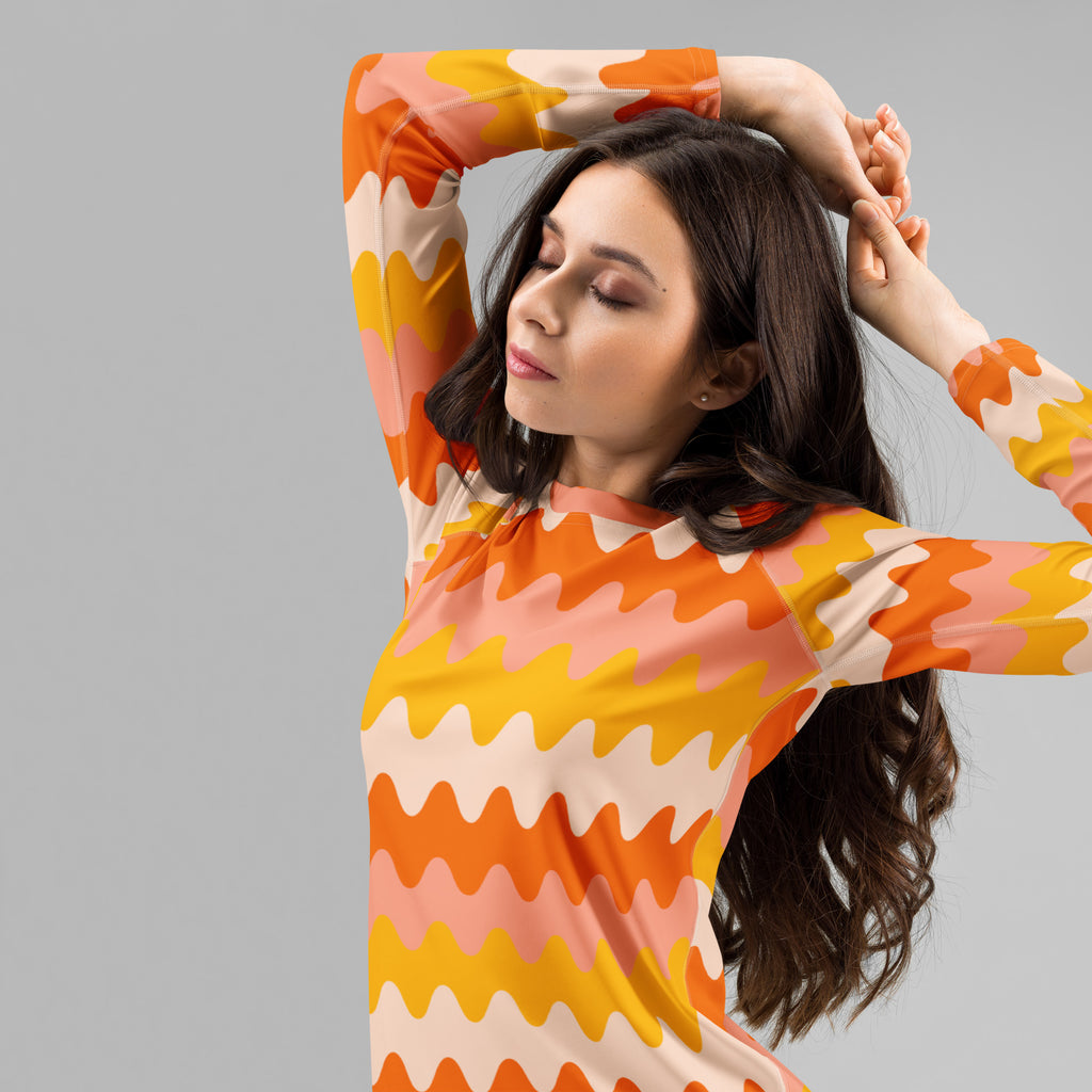 Women's Orange Retro Wavy Stripe Long Sleeve Rash Guard Swim Shirt – Buttery Soft, Sun Safe UPF 50+ Protection, Quick Dry & 4-Way Stretch Comfort