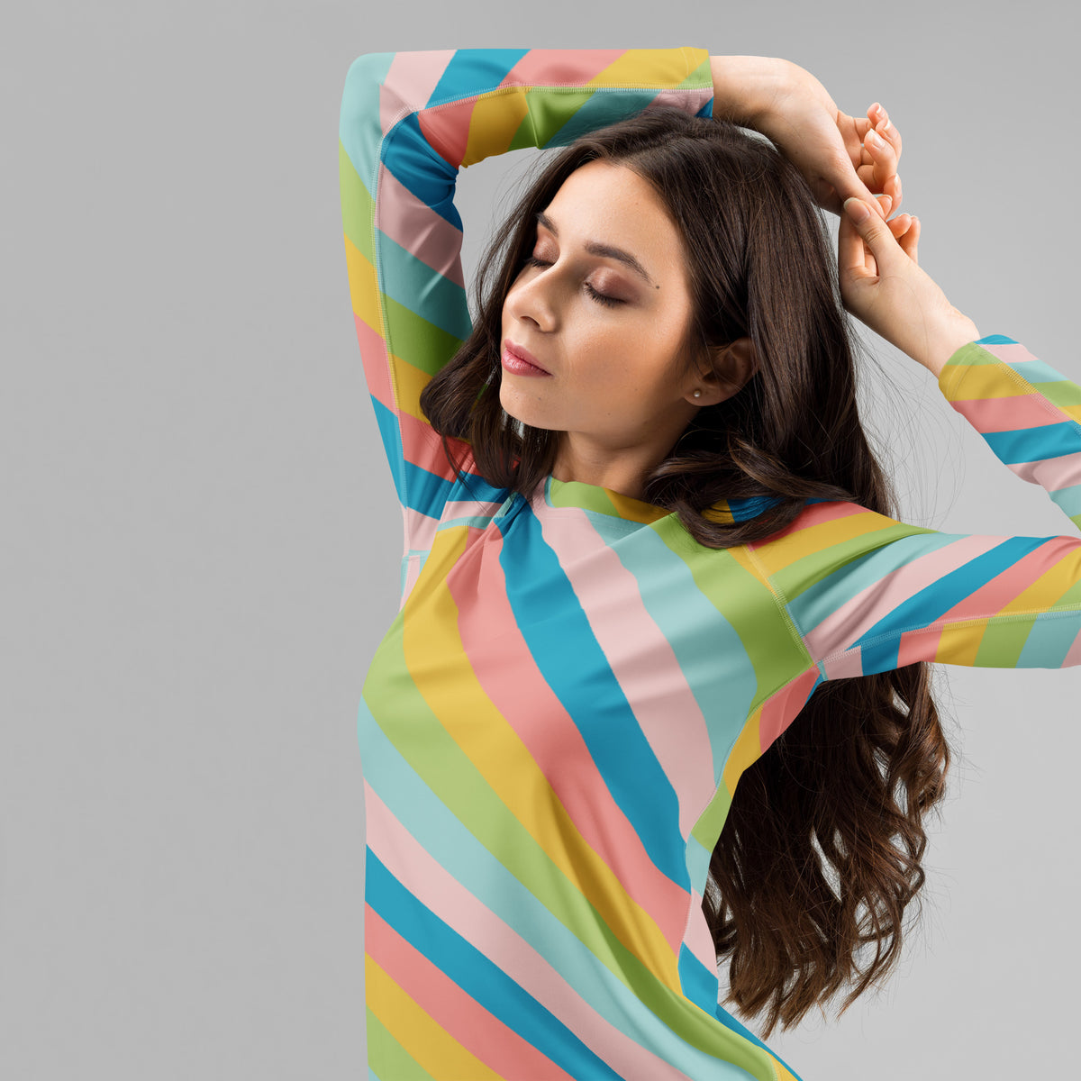 Women's Colorful Diagonal Striped Long Sleeve Rash Guard Swim Shirt – Buttery Soft, Sun Safe UPF 50+ Protection, Quick Dry & 4-Way Stretch Comfort