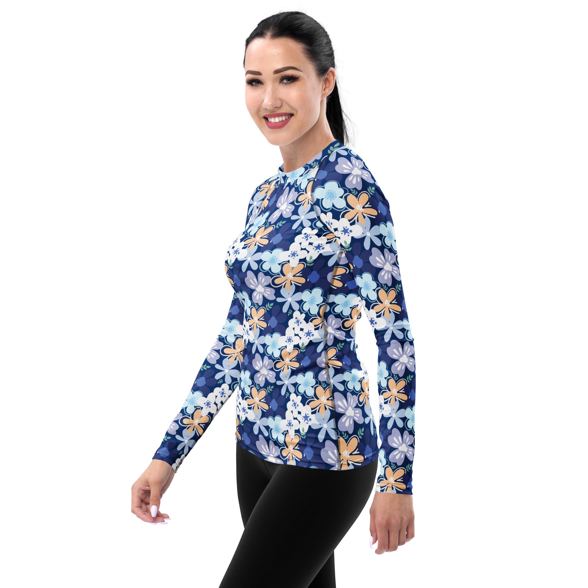 Women's Tropical Blue Floral Long Sleeve Rash Guard Swim Shirt – Buttery Soft, Sun Safe UPF 50+ Protection, Quick Dry & 4-Way Stretch Comfort
