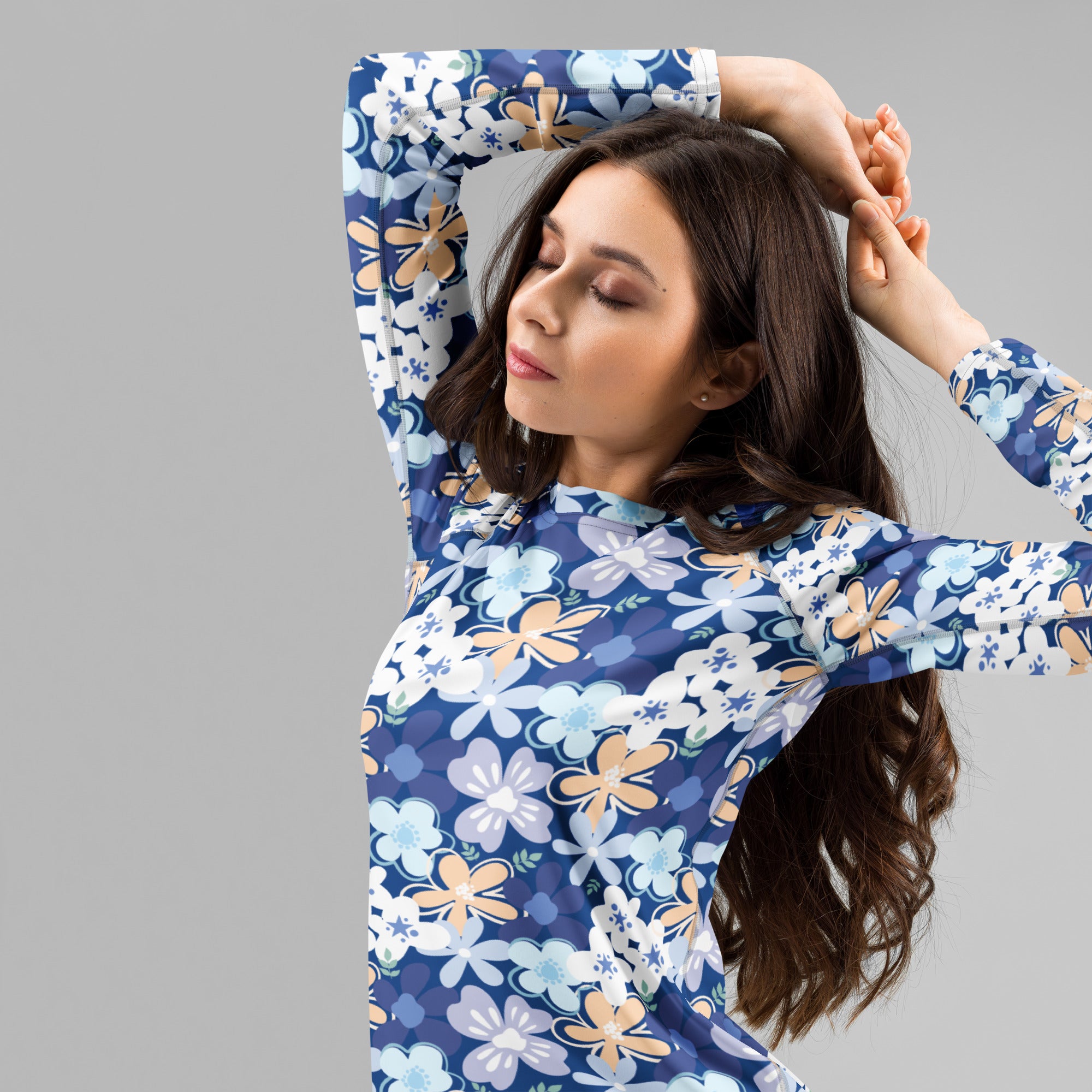 Women's Tropical Blue Floral Long Sleeve Rash Guard Swim Shirt – Buttery Soft, Sun Safe UPF 50+ Protection, Quick Dry & 4-Way Stretch Comfort