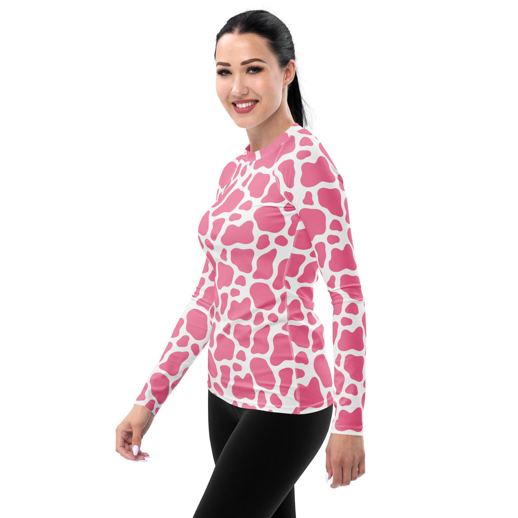 Women's Pink Cow Print Long Sleeve Rash Guard Swim Shirt – Buttery Soft, Sun Safe UPF 50+ Protection, Quick Dry & 4-Way Stretch Comfort