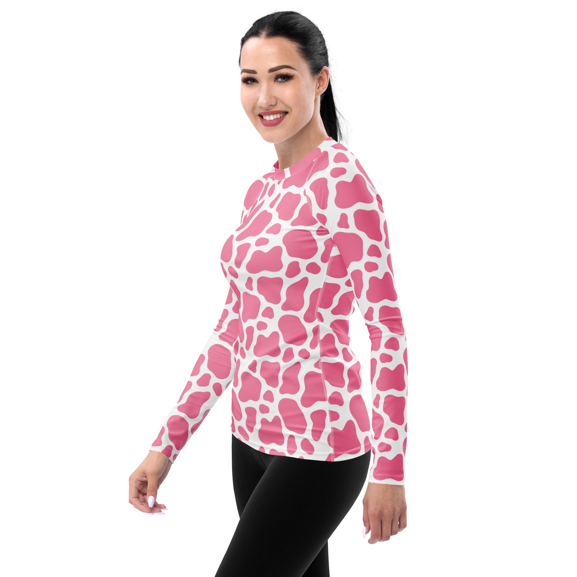 Women's Pink Cow Print Long Sleeve Rash Guard Swim Shirt – Buttery Soft, Sun Safe UPF 50+ Protection, Quick Dry & 4-Way Stretch Comfort