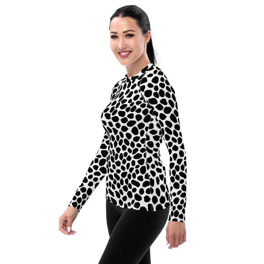 Women's Black & White Spotted Animal Print Long Sleeve Rash Guard Swim Shirt – Buttery Soft, Sun Safe UPF 50+ Protection, Quick Dry & 4-Way Stretch Comfort