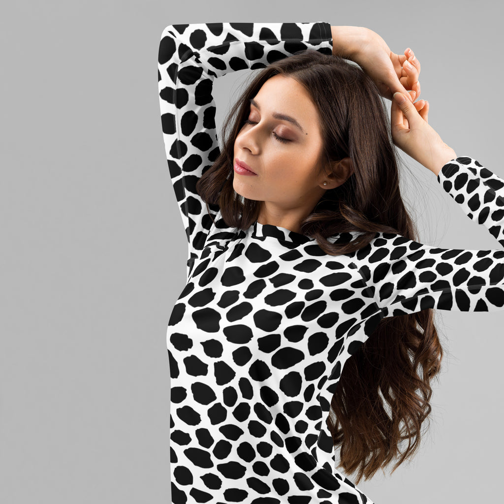 Women's Black & White Spotted Animal Print Long Sleeve Rash Guard Swim Shirt – Buttery Soft, Sun Safe UPF 50+ Protection, Quick Dry & 4-Way Stretch Comfort