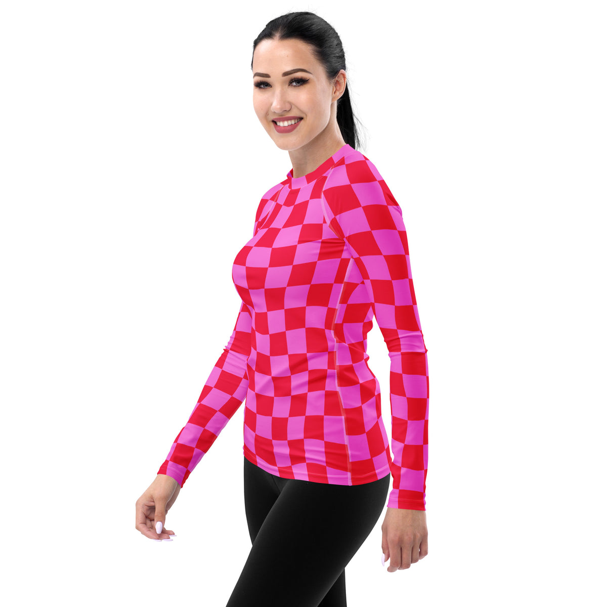 Women's Neon Wavy Pink Checkerboard Long Sleeve Rash Guard Swim Shirt – Buttery Soft, Sun Safe UPF 50+ Protection, Quick Dry & 4-Way Stretch Comfort