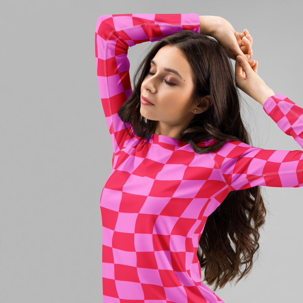 Women's Neon Wavy Pink Checkerboard Long Sleeve Rash Guard Swim Shirt – Buttery Soft, Sun Safe UPF 50+ Protection, Quick Dry & 4-Way Stretch Comfort