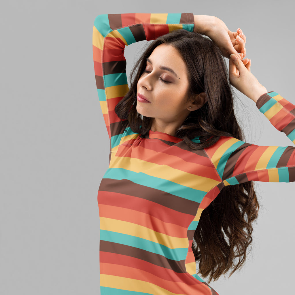 Women's Teal Orange Brown & Yellow Wavy Stripe Long Sleeve Rash Guard Swim Shirt – Buttery Soft, Sun Safe UPF 50+ Protection, Quick Dry & 4-Way Stretch Comfort