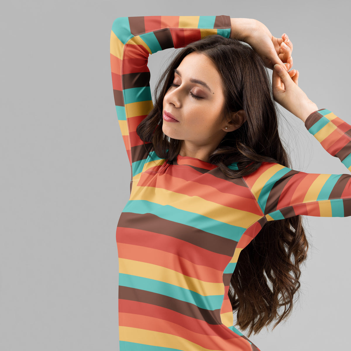 Women's Teal Orange Brown & Yellow Wavy Stripe Long Sleeve Rash Guard Swim Shirt – Buttery Soft, Sun Safe UPF 50+ Protection, Quick Dry & 4-Way Stretch Comfort