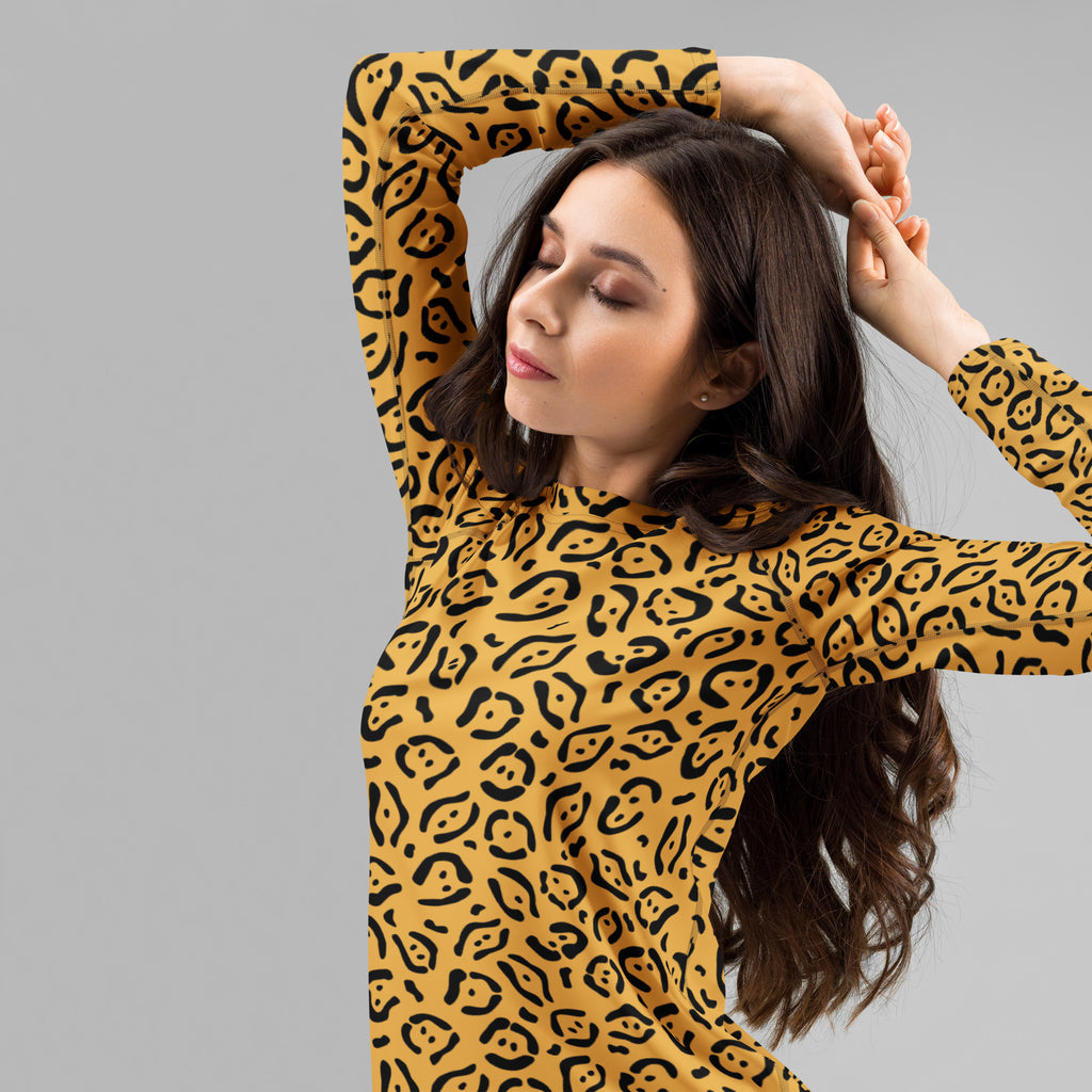 Women's Golden Leopard Print Long Sleeve Rash Guard Swim Shirt – Buttery Soft, Sun Safe UPF 50+ Protection, Quick Dry & 4-Way Stretch Comfort
