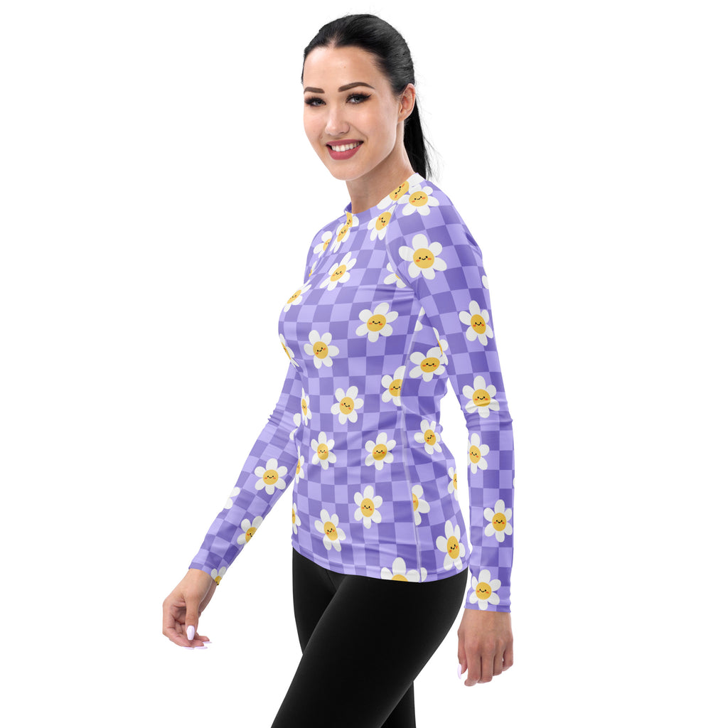Women's Purple Checkerboard Daisy Long Sleeve Rash Guard Swim Shirt – Buttery Soft, Sun Safe UPF 50+ Protection, Quick Dry & 4-Way Stretch Comfort