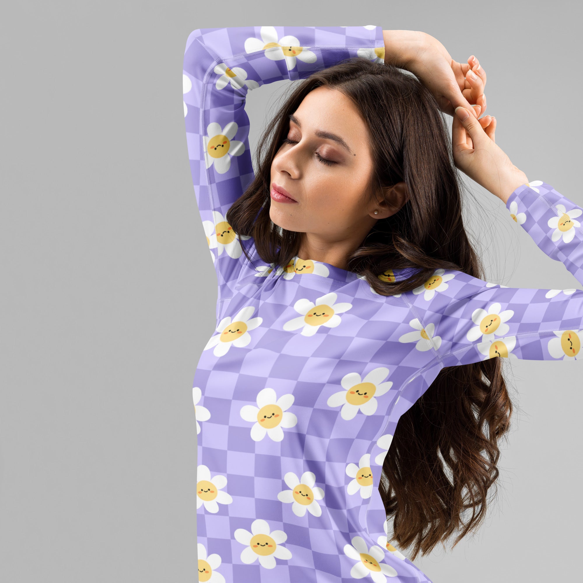 Women's Purple Checkerboard Daisy Long Sleeve Rash Guard Swim Shirt – Buttery Soft, Sun Safe UPF 50+ Protection, Quick Dry & 4-Way Stretch Comfort