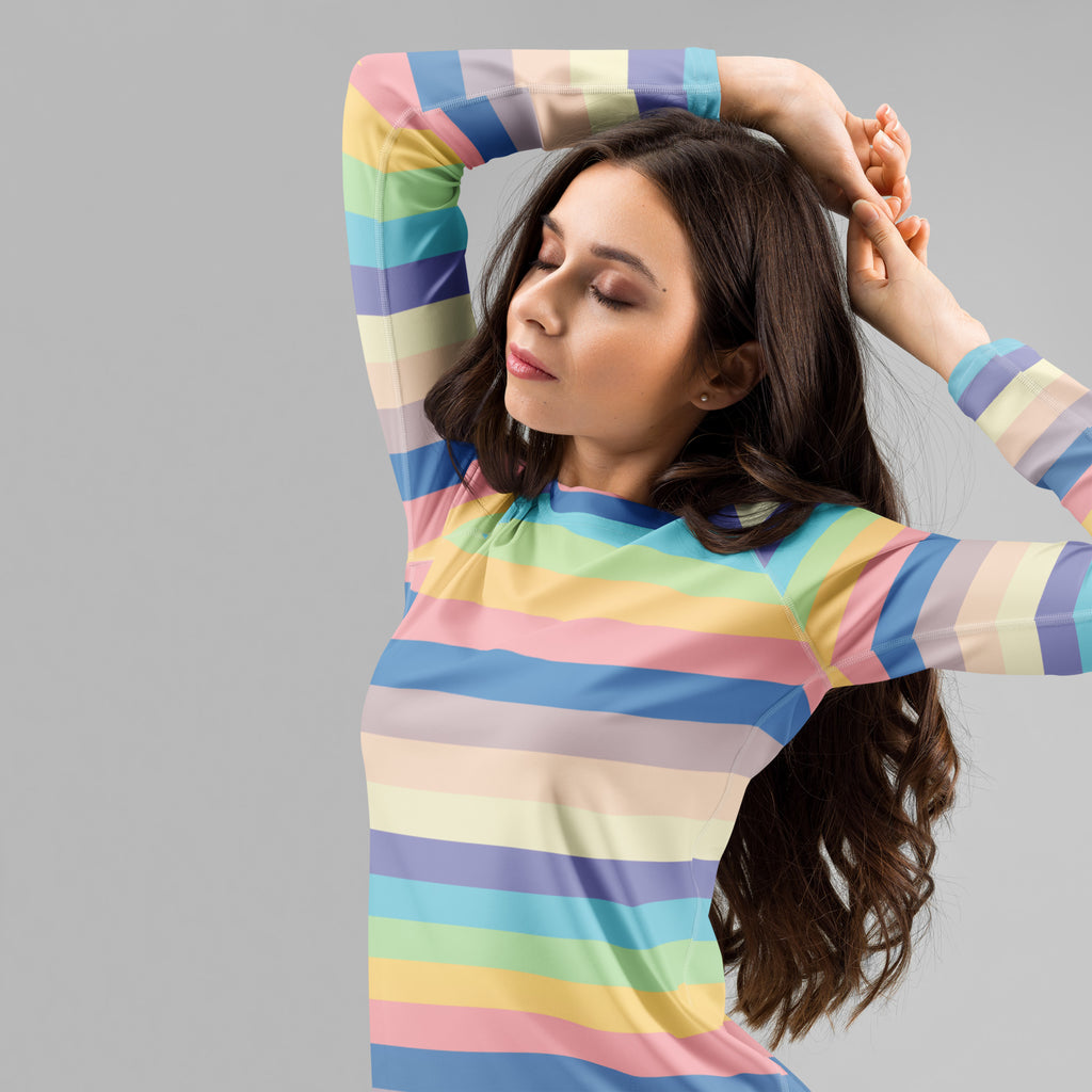 Women's Colorful Pastel Stripe Long Sleeve Rash Guard Swim Shirt – Buttery Soft, Sun Safe UPF 50+ Protection, Quick Dry & 4-Way Stretch Comfort