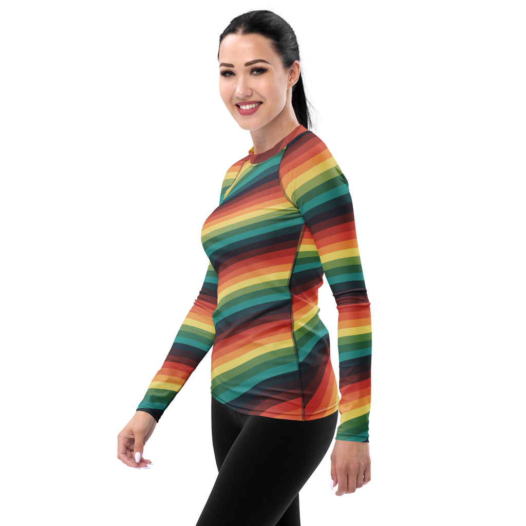 Women's Vintage Rainbow Stripe Long Sleeve Rash Guard Swim Shirt – Buttery Soft, Sun Safe UPF 50+ Protection, Quick Dry & 4-Way Stretch Comfort