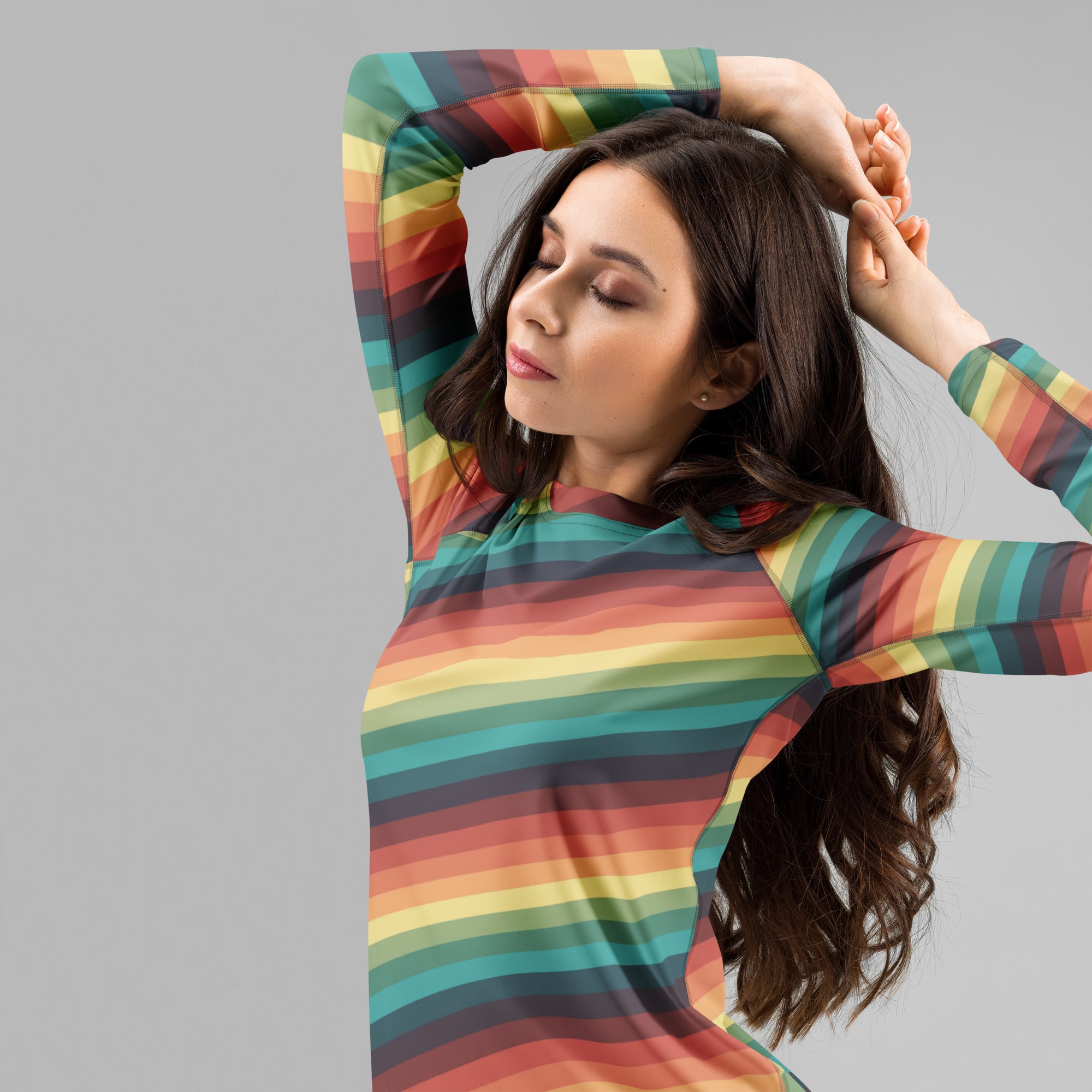 Women's Vintage Rainbow Stripe Long Sleeve Rash Guard Swim Shirt – Buttery Soft, Sun Safe UPF 50+ Protection, Quick Dry & 4-Way Stretch Comfort