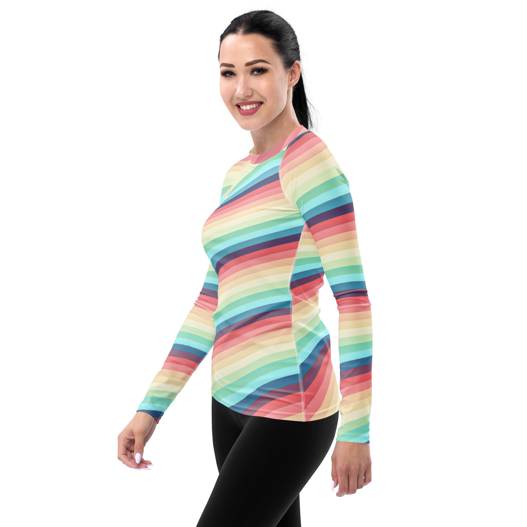 Women's Bright Rainbow Vintage Stripe Long Sleeve Rash Guard Swim Shirt – Buttery Soft, Sun Safe UPF 50+ Protection, Quick Dry & 4-Way Stretch Comfort
