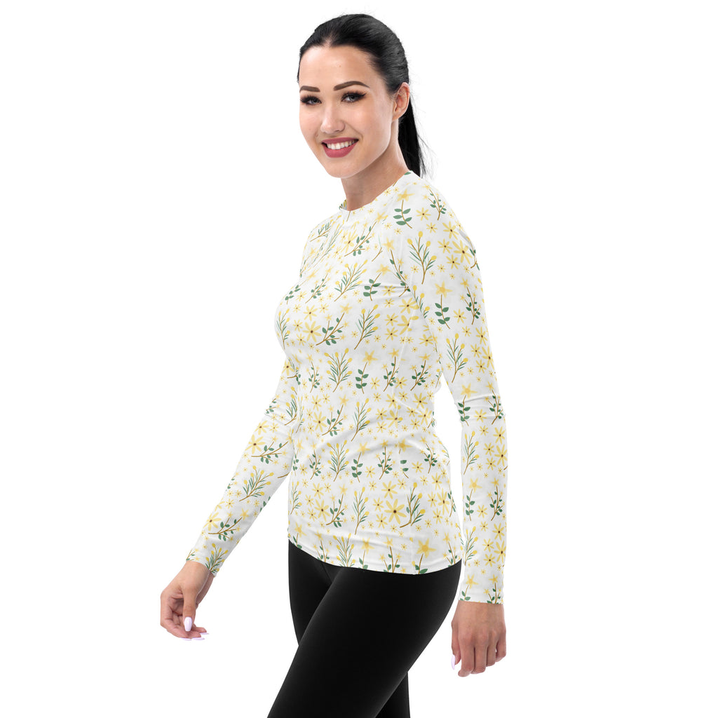 Women's Yellow Wildflower Long Sleeve Rash Guard Swim Shirt – Buttery Soft, Sun Safe UPF 50+ Protection, Quick Dry & 4-Way Stretch Comfort