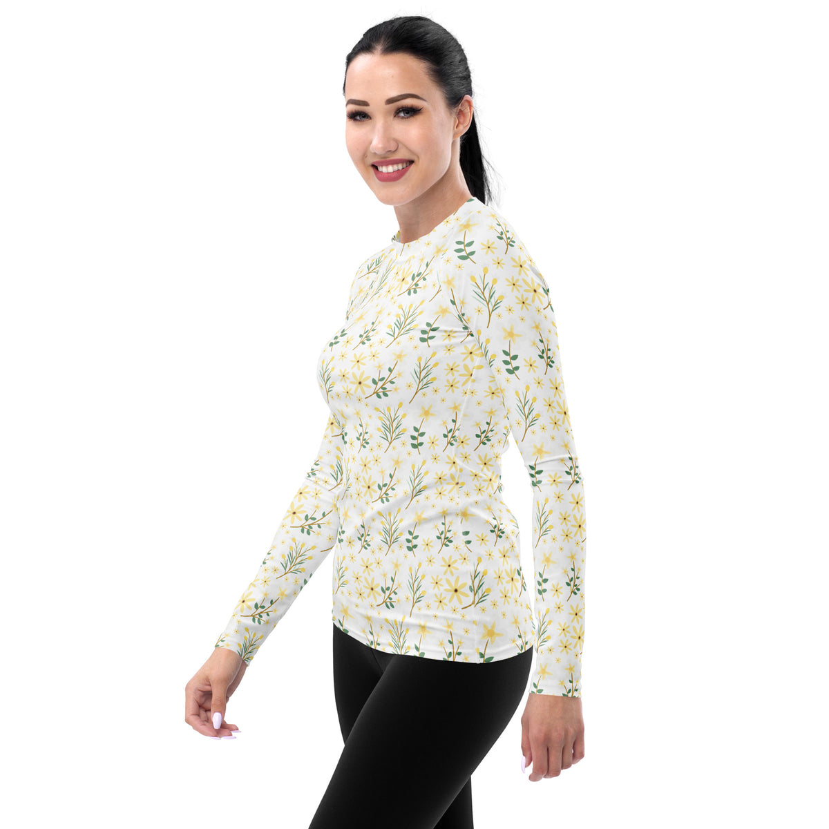 Women's Yellow Wildflower Long Sleeve Rash Guard Swim Shirt – Buttery Soft, Sun Safe UPF 50+ Protection, Quick Dry & 4-Way Stretch Comfort