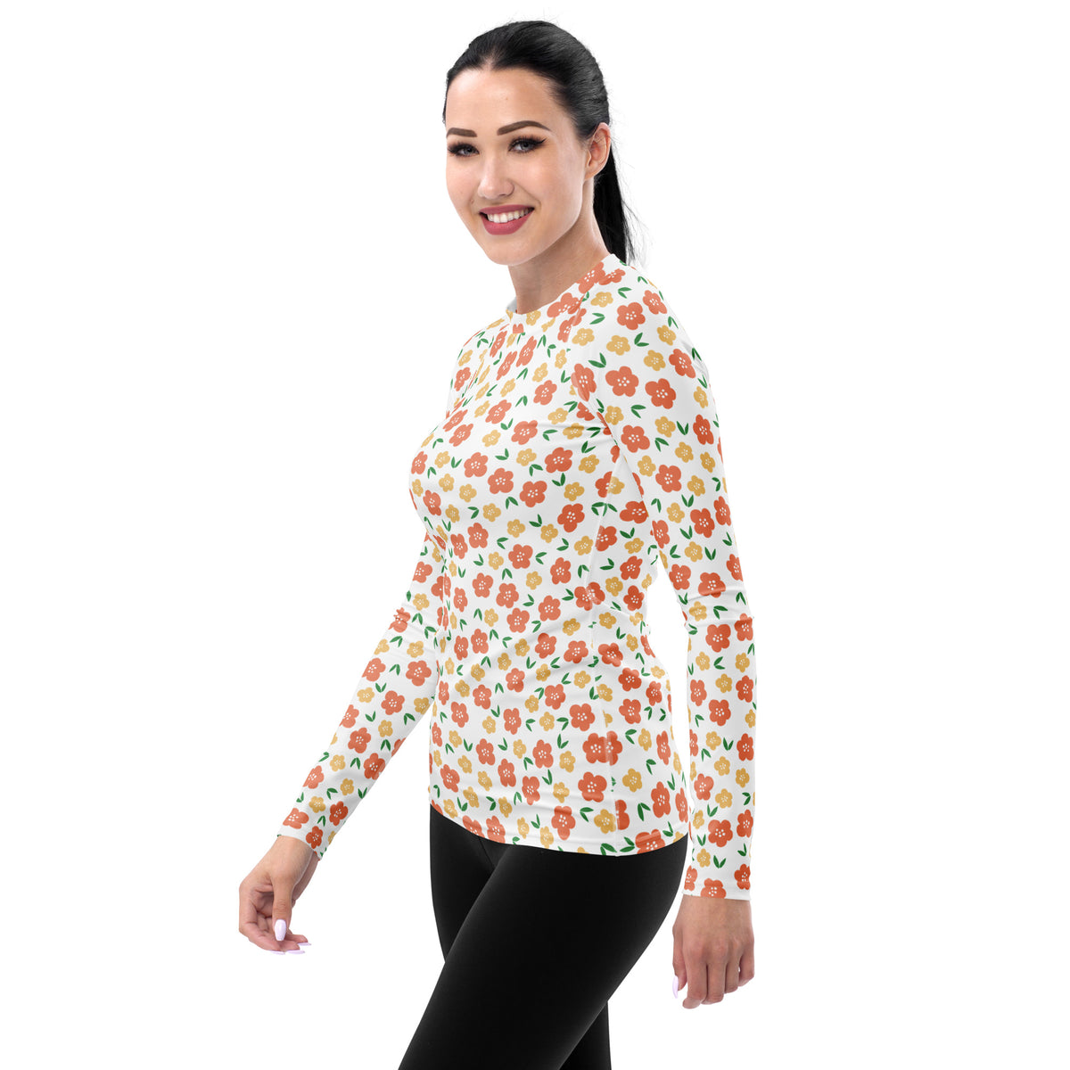 Women's Orange Floral Long Sleeve Rash Guard Swim Shirt – Buttery Soft, Sun Safe UPF 50+ Protection, Quick Dry & 4-Way Stretch Comfort