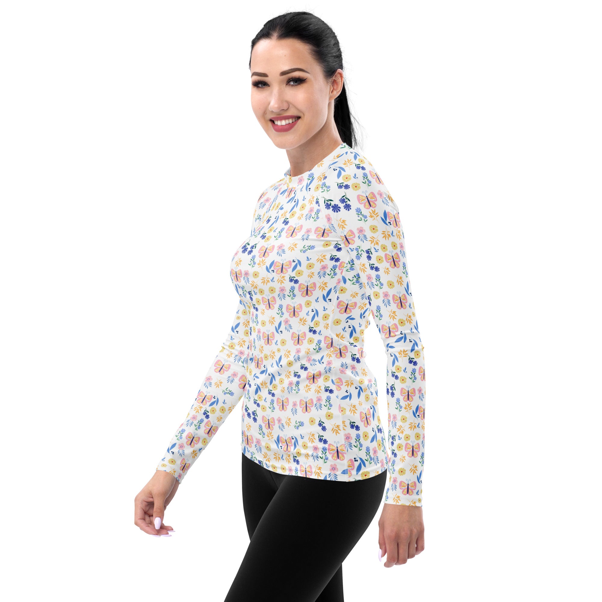 Women's Butterfly Floral Long Sleeve Rash Guard Swim Shirt – Buttery Soft, Sun Safe UPF 50+ Protection, Quick Dry & 4-Way Stretch Comfort