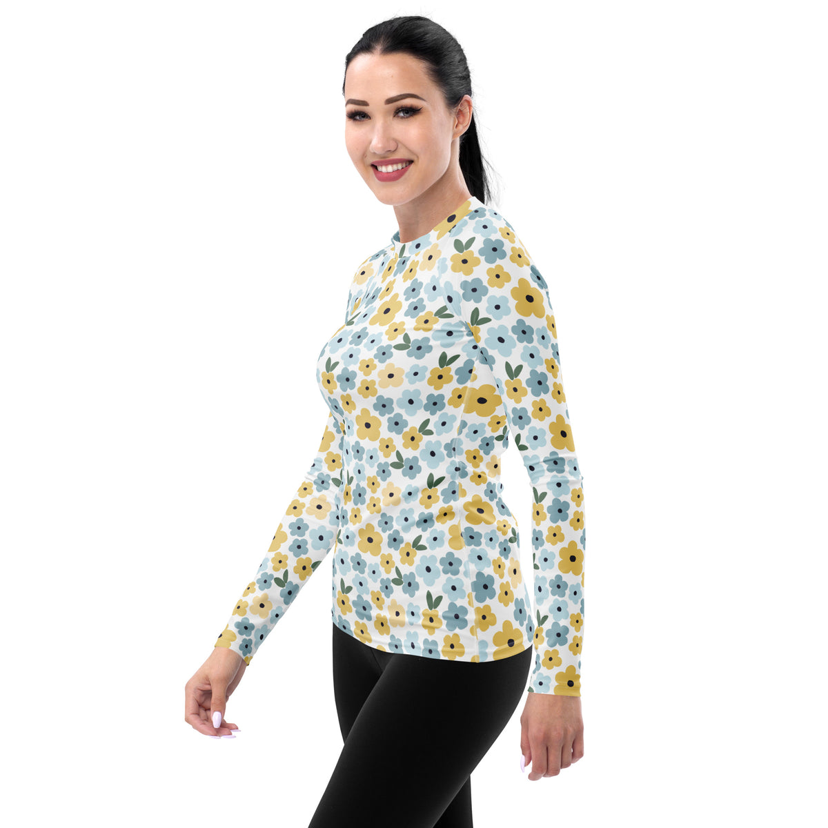 Women's Blue & Yellow Floral Long Sleeve Rash Guard Swim Shirt – Buttery Soft, Sun Safe UPF 50+ Protection, Quick Dry & 4-Way Stretch Comfort