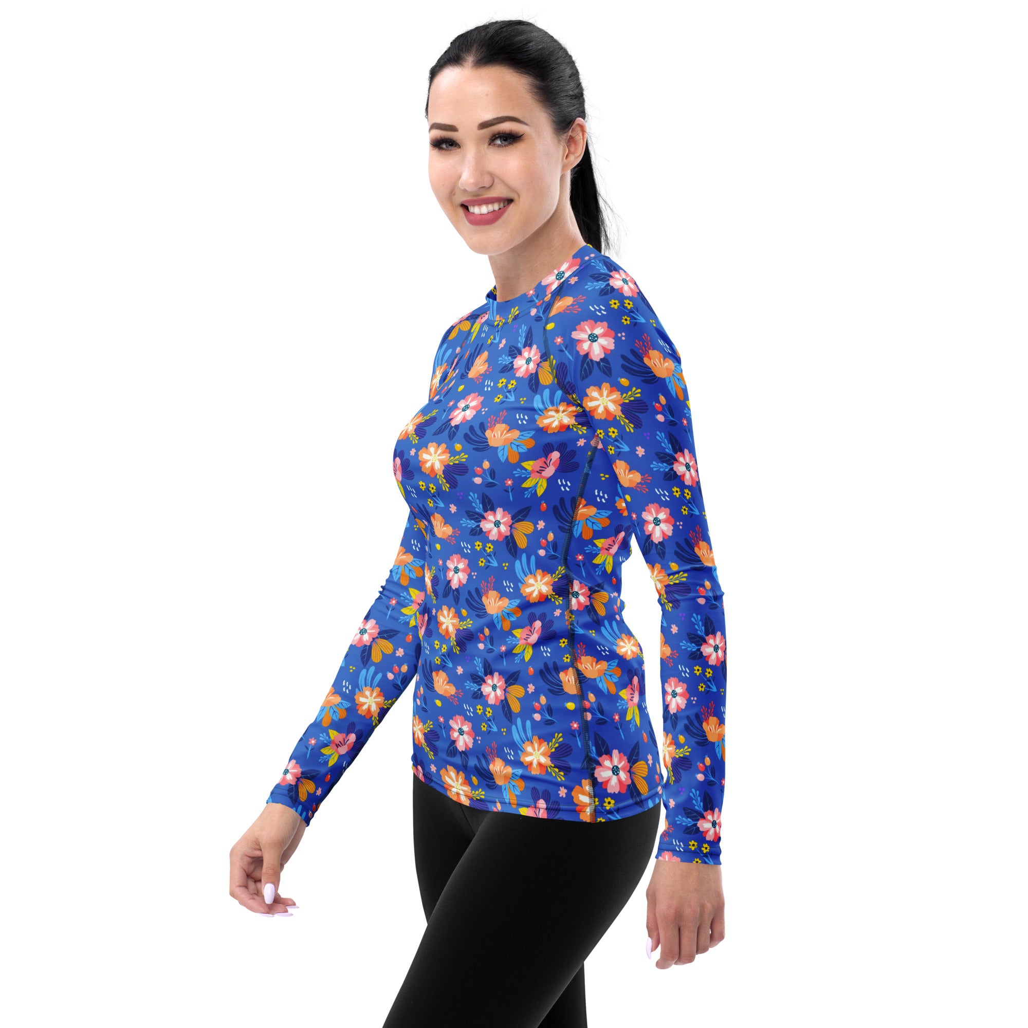 Women's Colorful Blue Floral Long Sleeve Rash Guard Swim Shirt – Buttery Soft, Sun Safe UPF 50+ Protection, Quick Dry & 4-Way Stretch Comfort