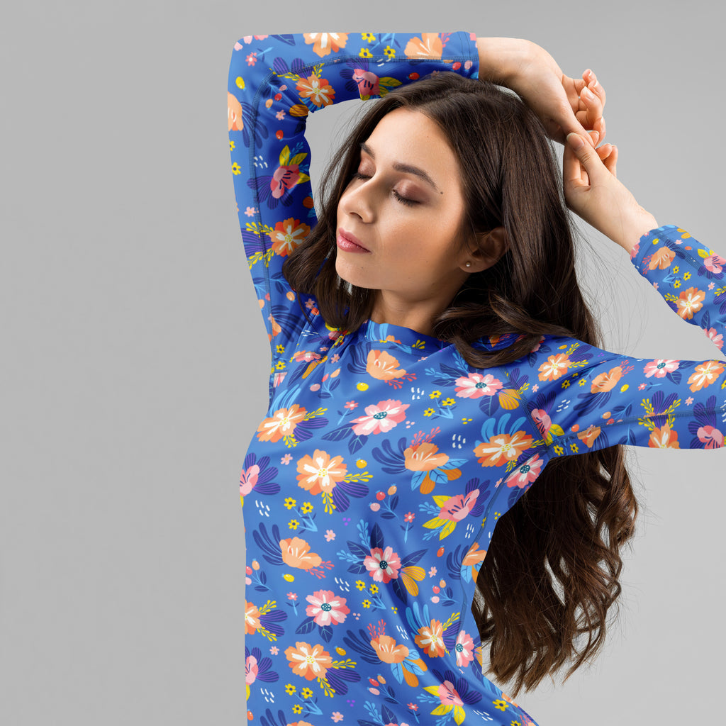 Women's Colorful Blue Floral Long Sleeve Rash Guard Swim Shirt – Buttery Soft, Sun Safe UPF 50+ Protection, Quick Dry & 4-Way Stretch Comfort