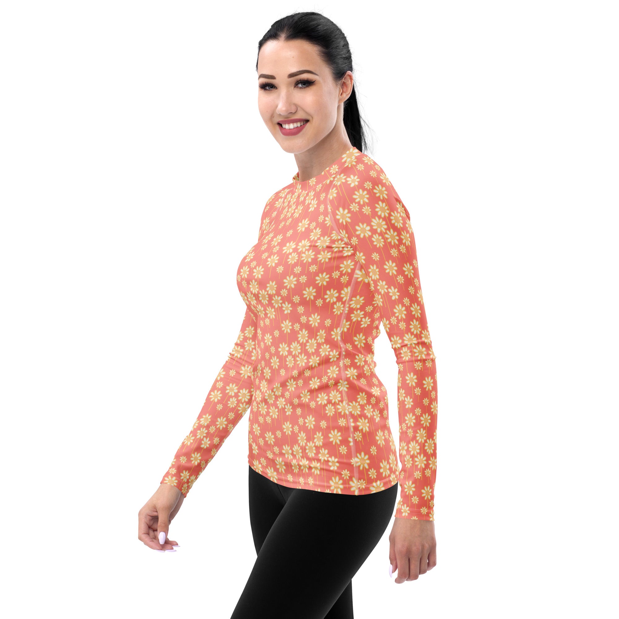 Women's Coral Daisy Long Sleeve Rash Guard Swim Shirt – Buttery Soft, Sun Safe UPF 50+ Protection, Quick Dry & 4-Way Stretch Comfort