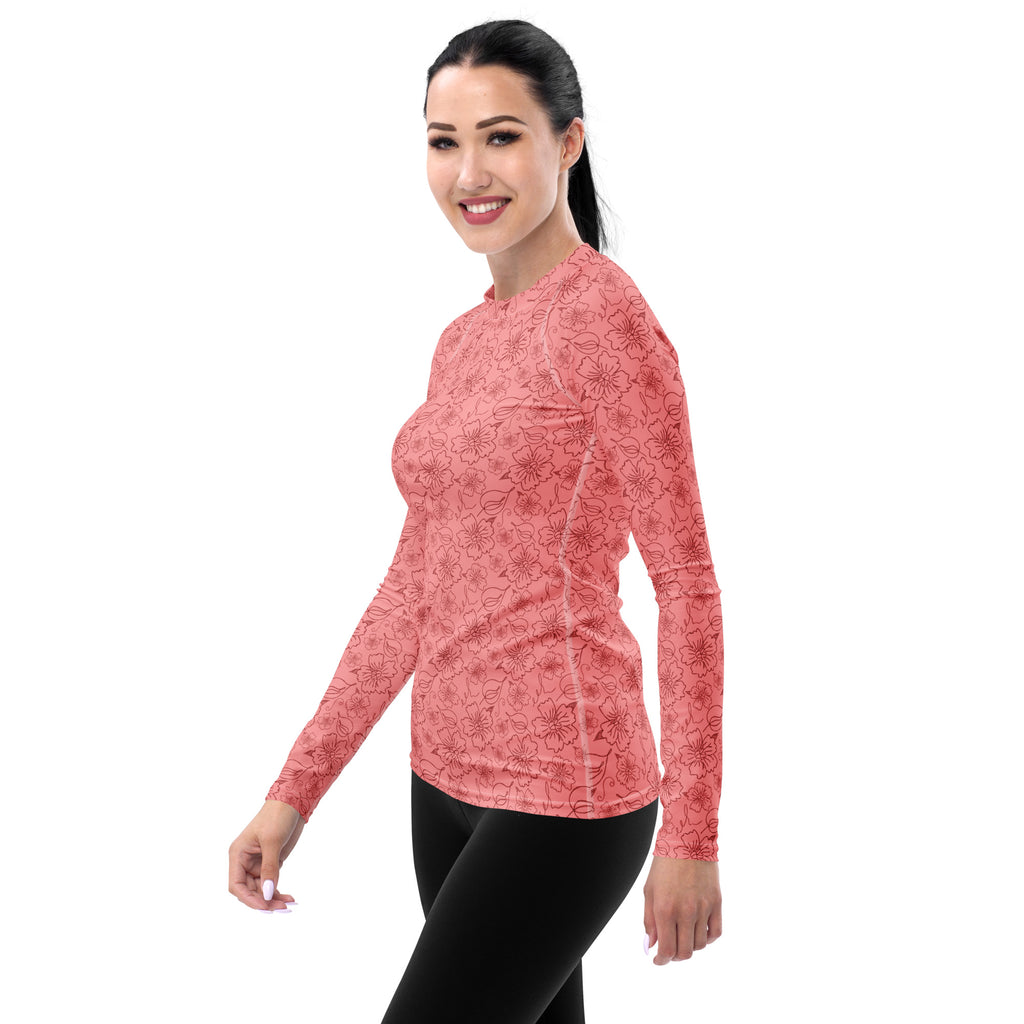 Women's Coral Pink Floral Long Sleeve Rash Guard Swim Shirt – Buttery Soft, Sun Safe UPF 50+ Protection, Quick Dry & 4-Way Stretch Comfort