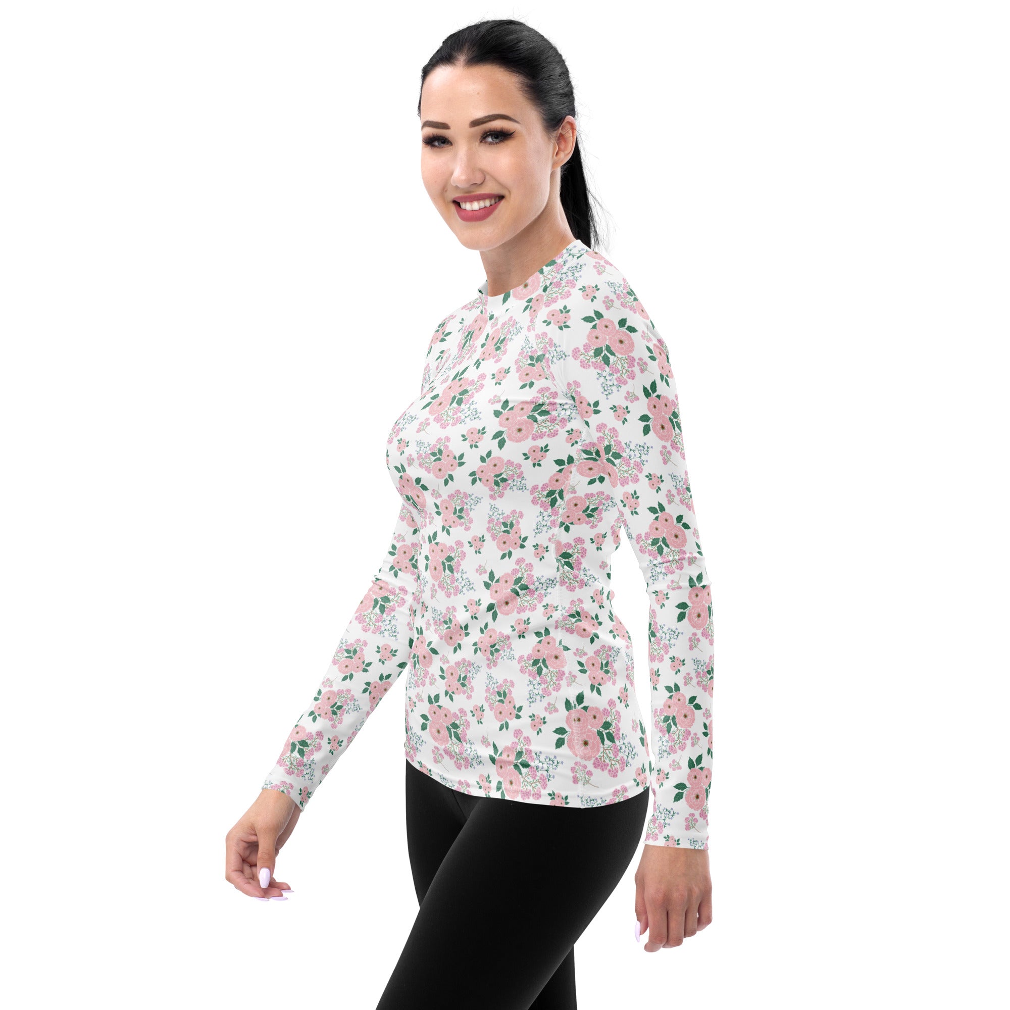 Women's Pink Rose Bouquet Long Sleeve Rash Guard Swim Shirt – Buttery Soft, Sun Safe UPF 50+ Protection, Quick Dry & 4-Way Stretch Comfort