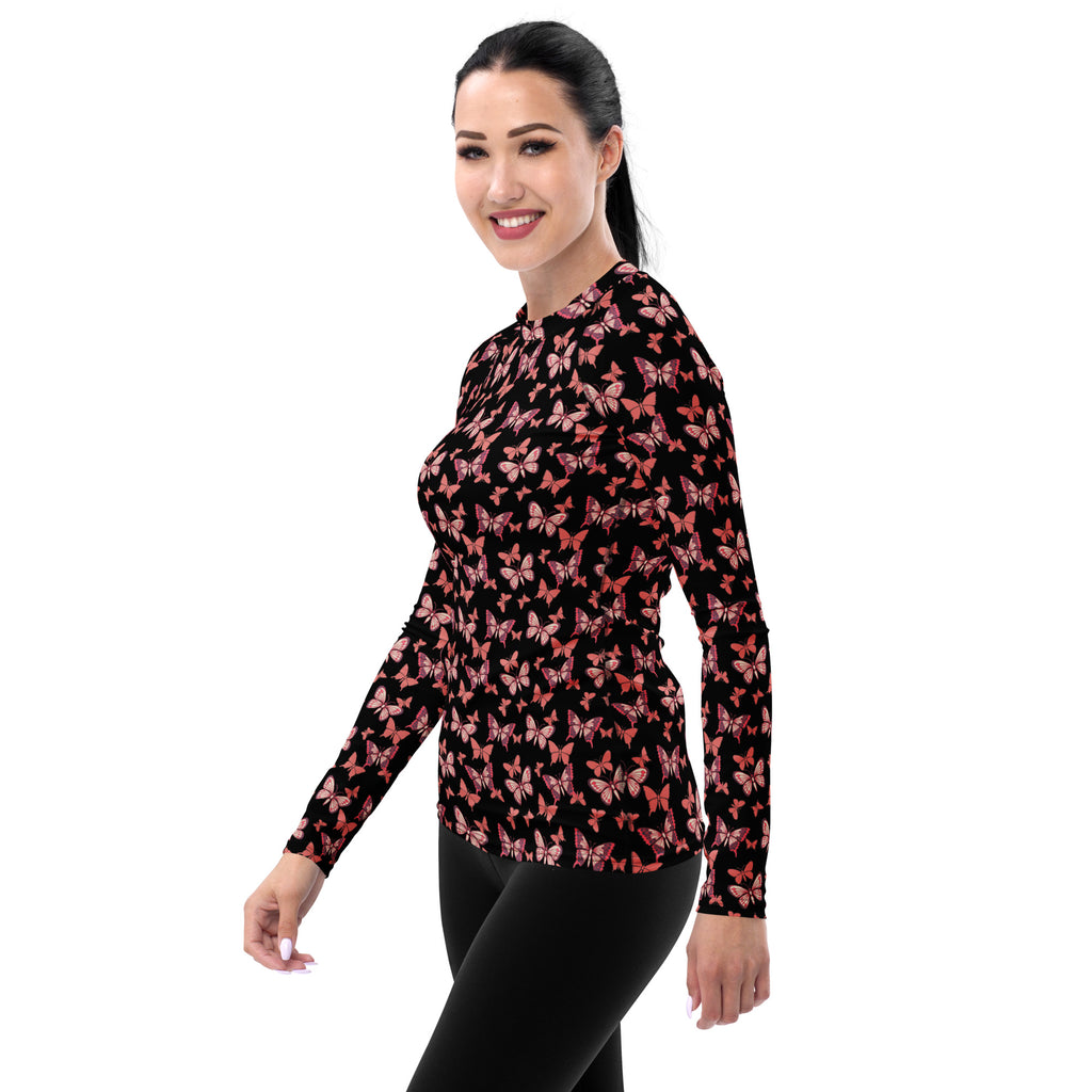Women's Pink Butterfly Long Sleeve Rash Guard Swim Shirt – Buttery Soft, Sun Safe UPF 50+ Protection, Quick Dry & 4-Way Stretch Comfort