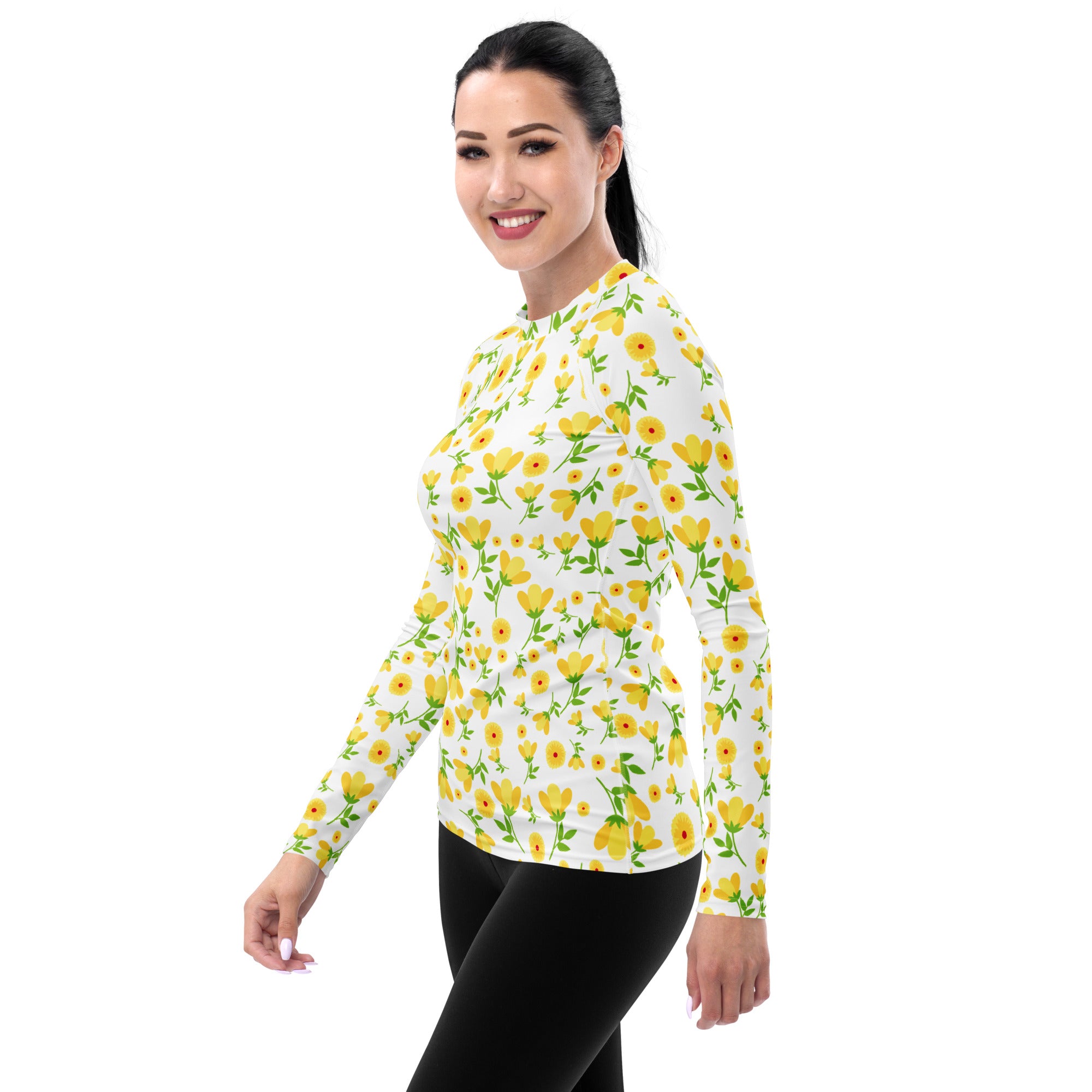 Women's Yellow Floral Wildflower Long Sleeve Rash Guard Swim Shirt – Buttery Soft, Sun Safe UPF 50+ Protection, Quick Dry & 4-Way Stretch Comfort