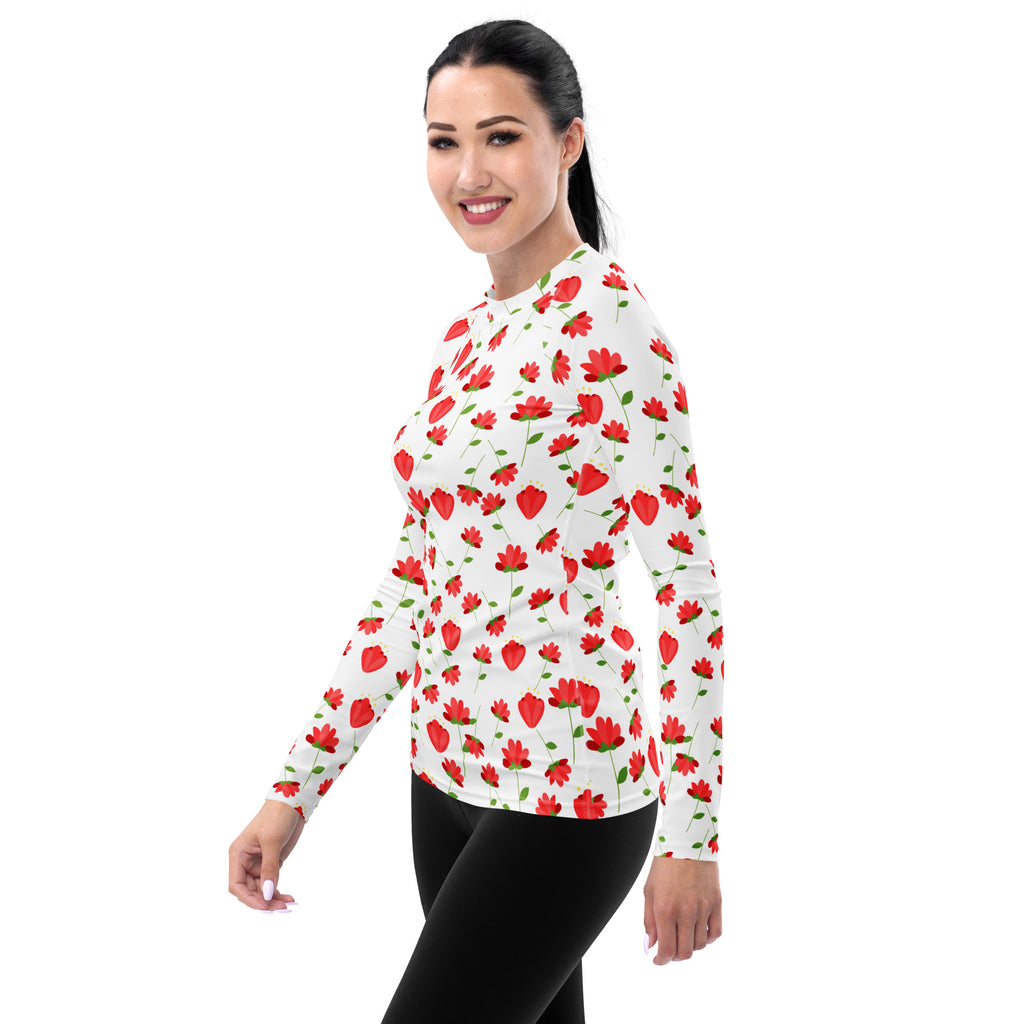Women's Red Floral Wildflower Long Sleeve Rash Guard Swim Shirt – Buttery Soft, Sun Safe UPF 50+ Protection, Quick Dry & 4-Way Stretch Comfort