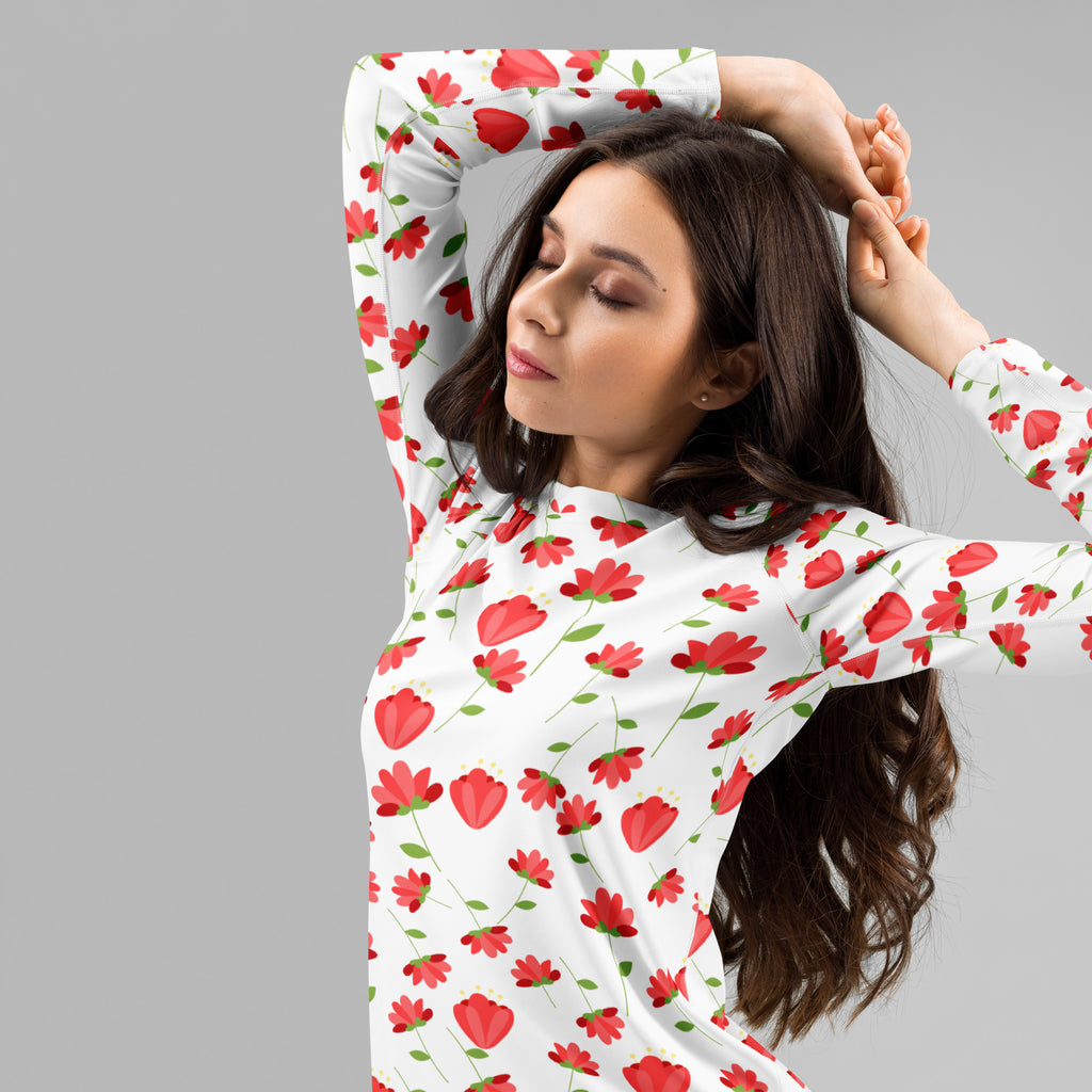 Women's Red Floral Wildflower Long Sleeve Rash Guard Swim Shirt – Buttery Soft, Sun Safe UPF 50+ Protection, Quick Dry & 4-Way Stretch Comfort