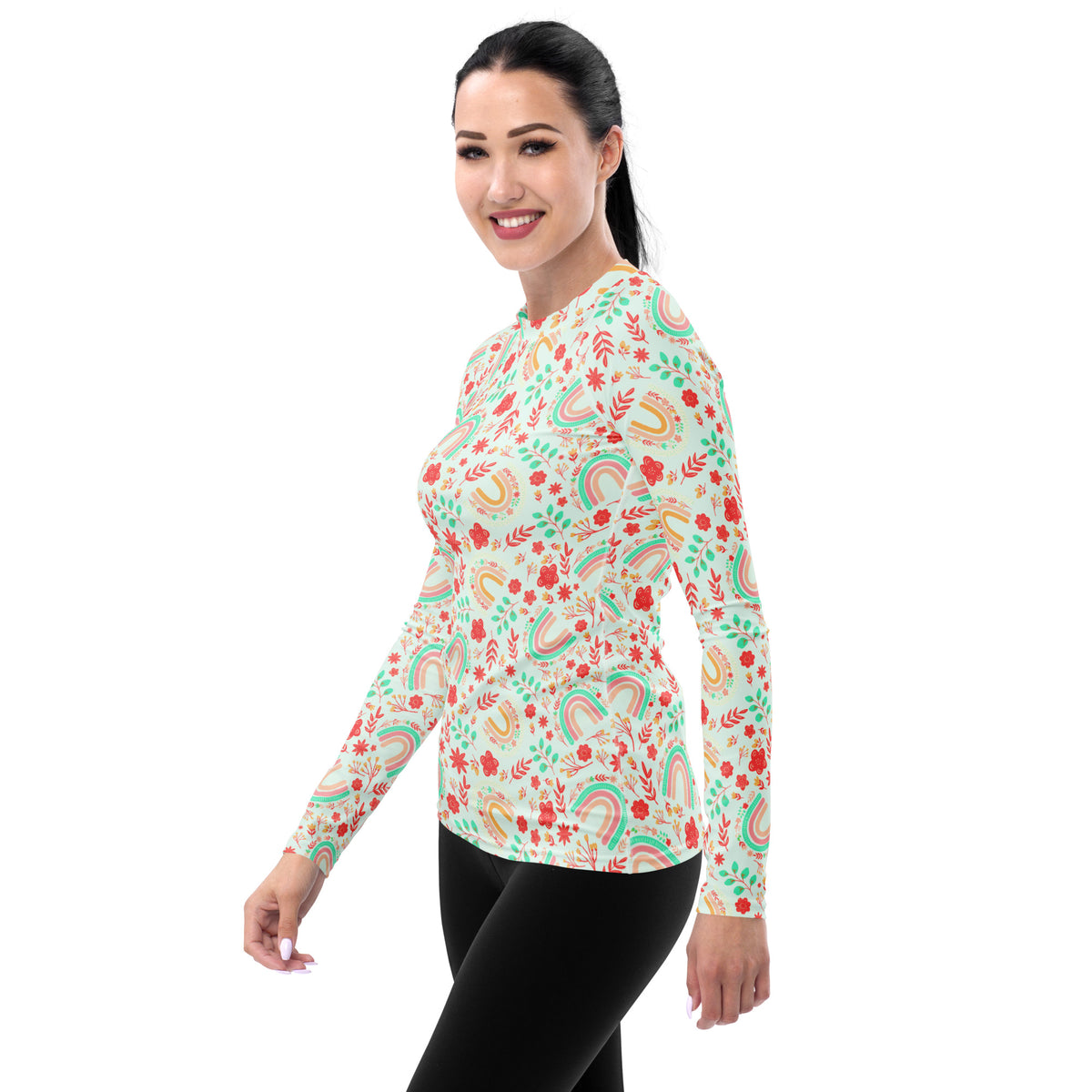 Women's Boho Rainbow Floral Long Sleeve Rash Guard Swim Shirt – Buttery Soft, Sun Safe UPF 50+ Protection, Quick Dry & 4-Way Stretch Comfort